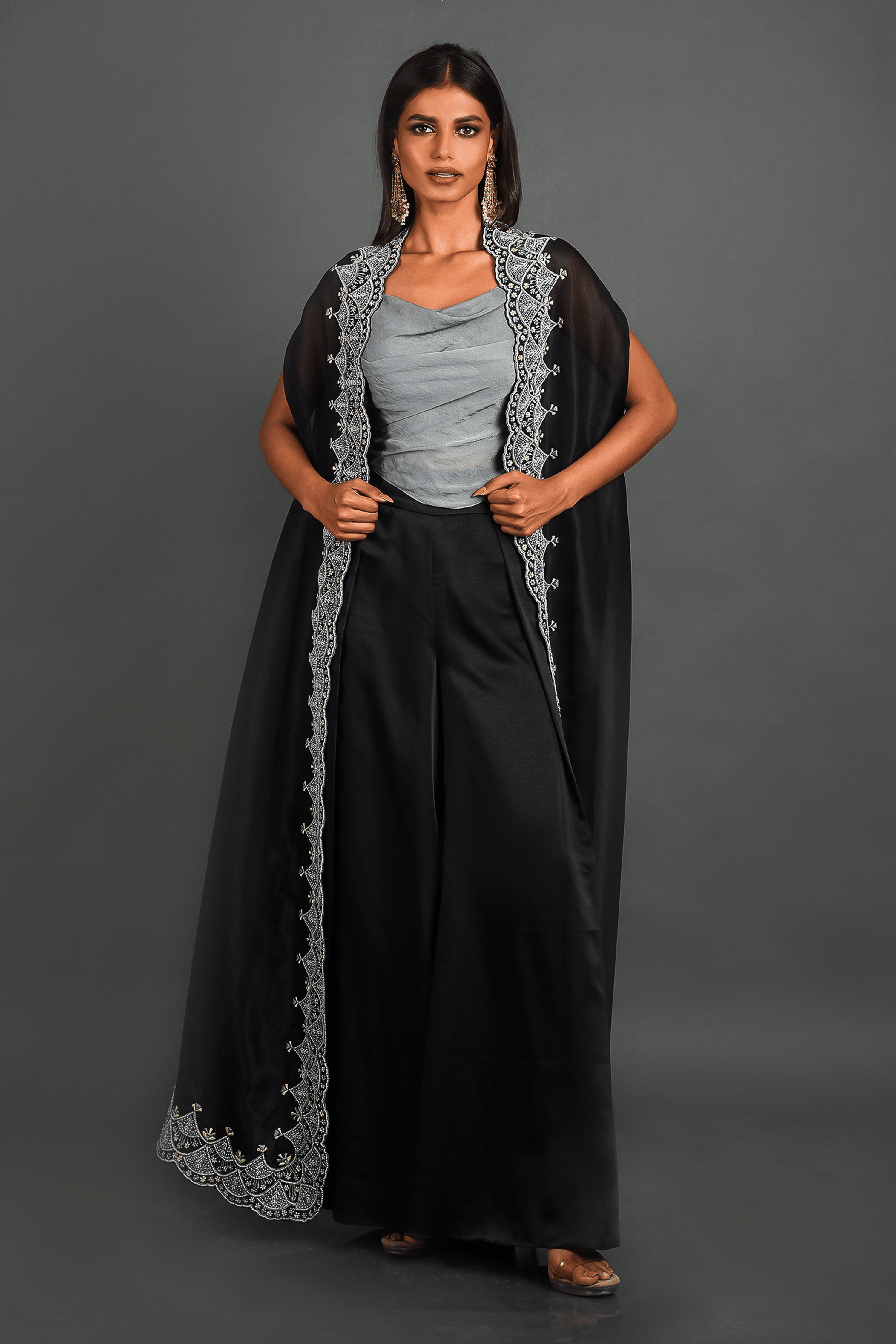 Black Organza Cape With Pant and Bustier
