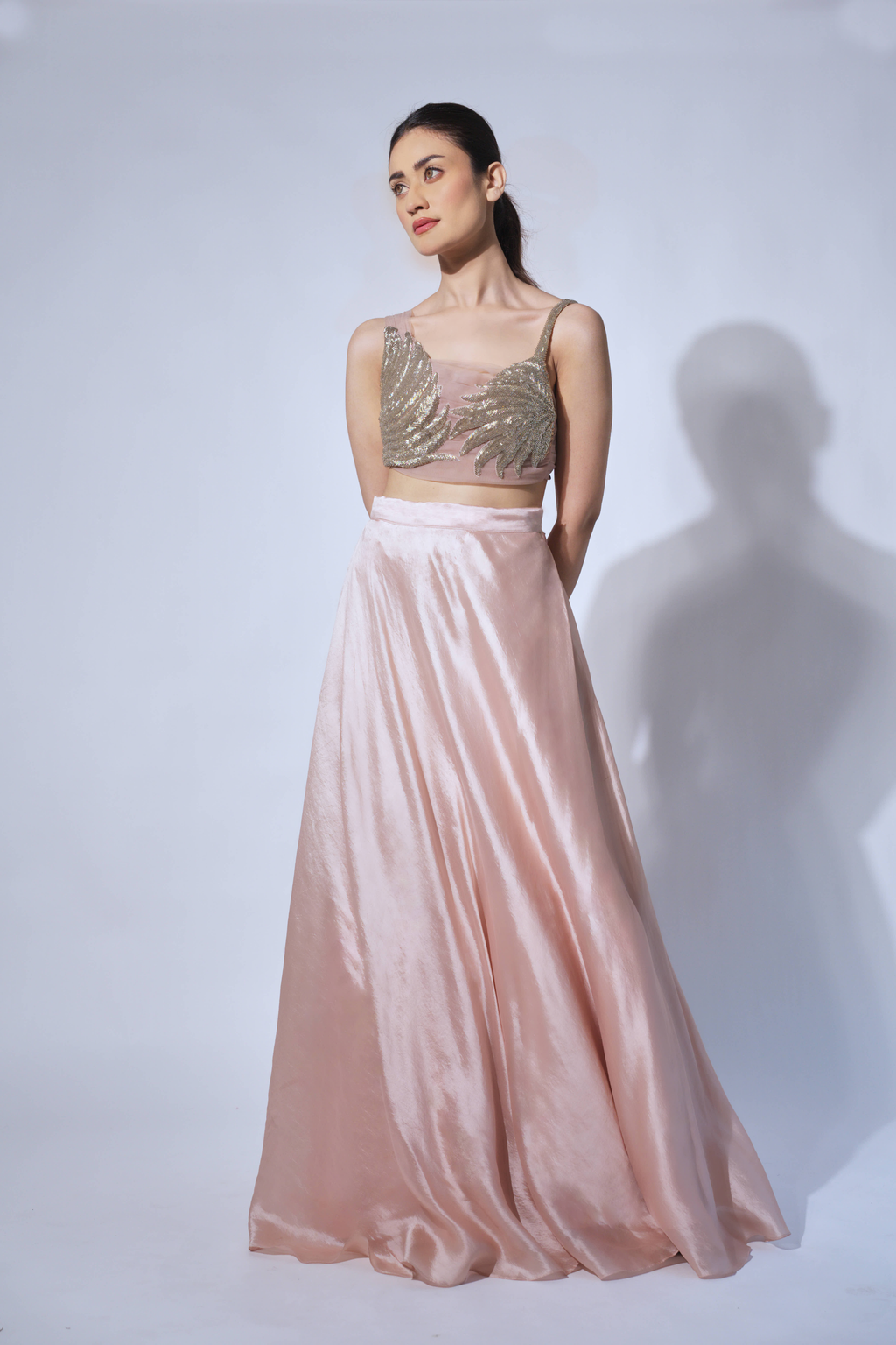 Nude Plume Bustier With Skirt and Dupatta