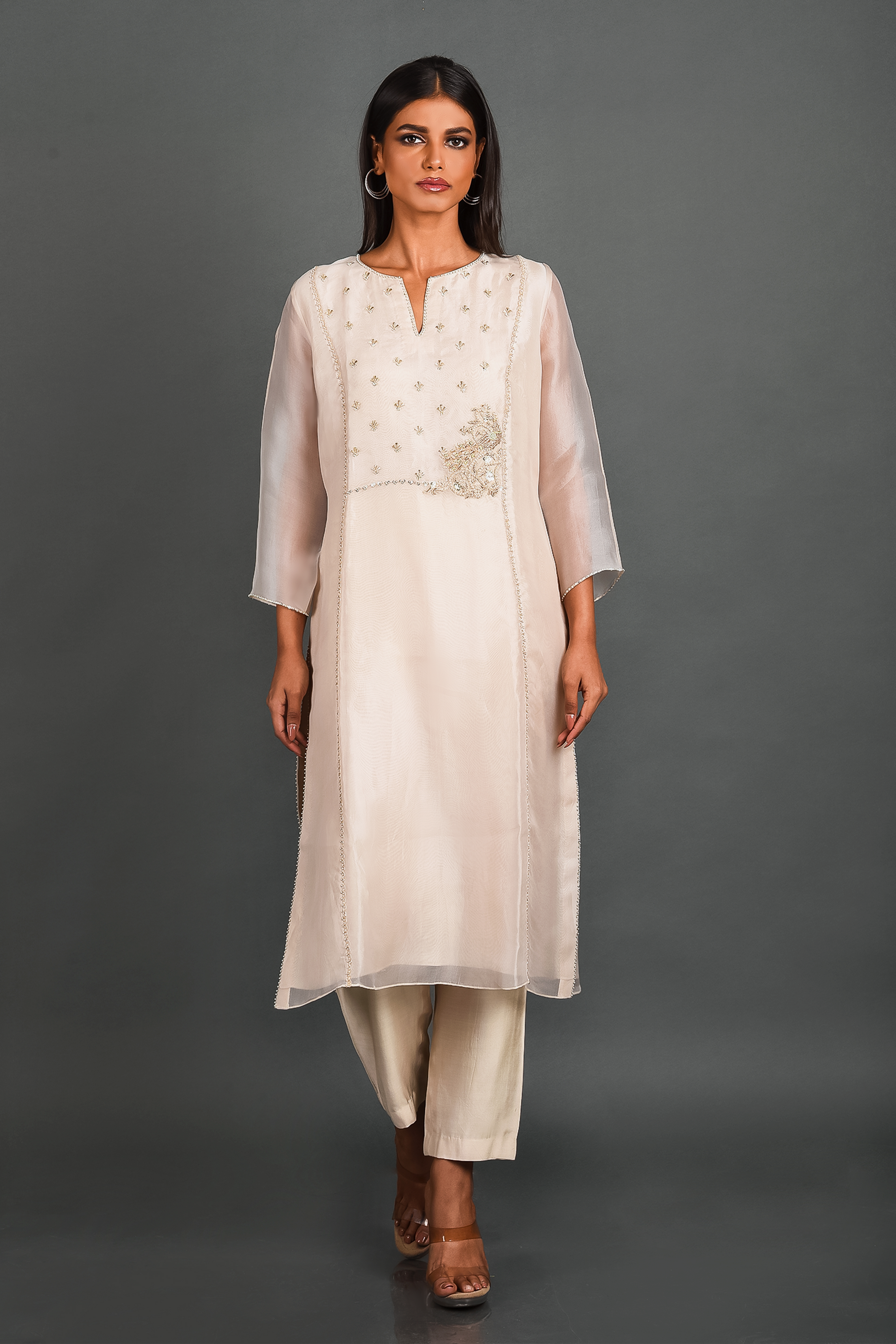 White Organza Kurta With Pant and Dupatta