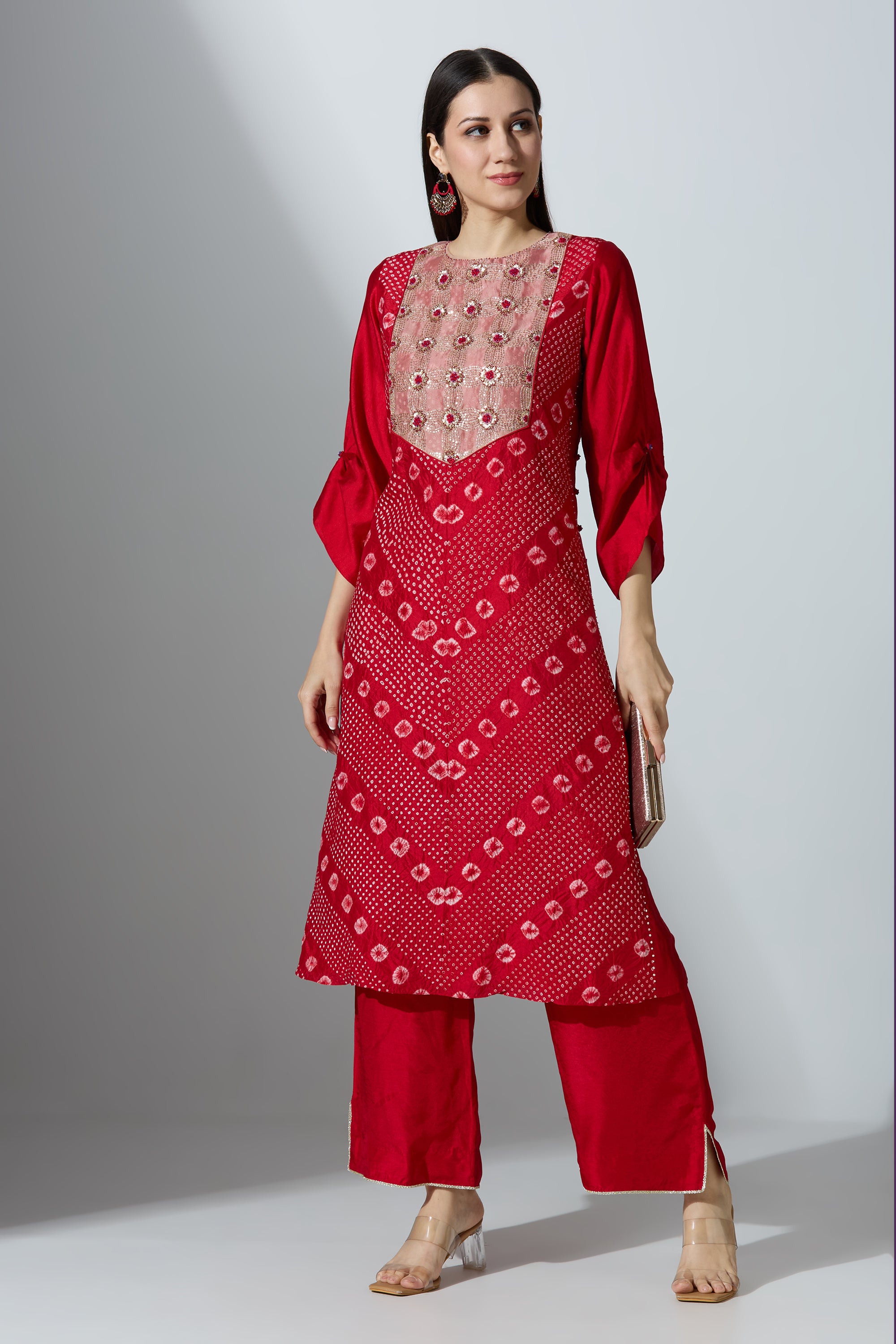 Red Bandhej Yoke Kurta Set With Pant