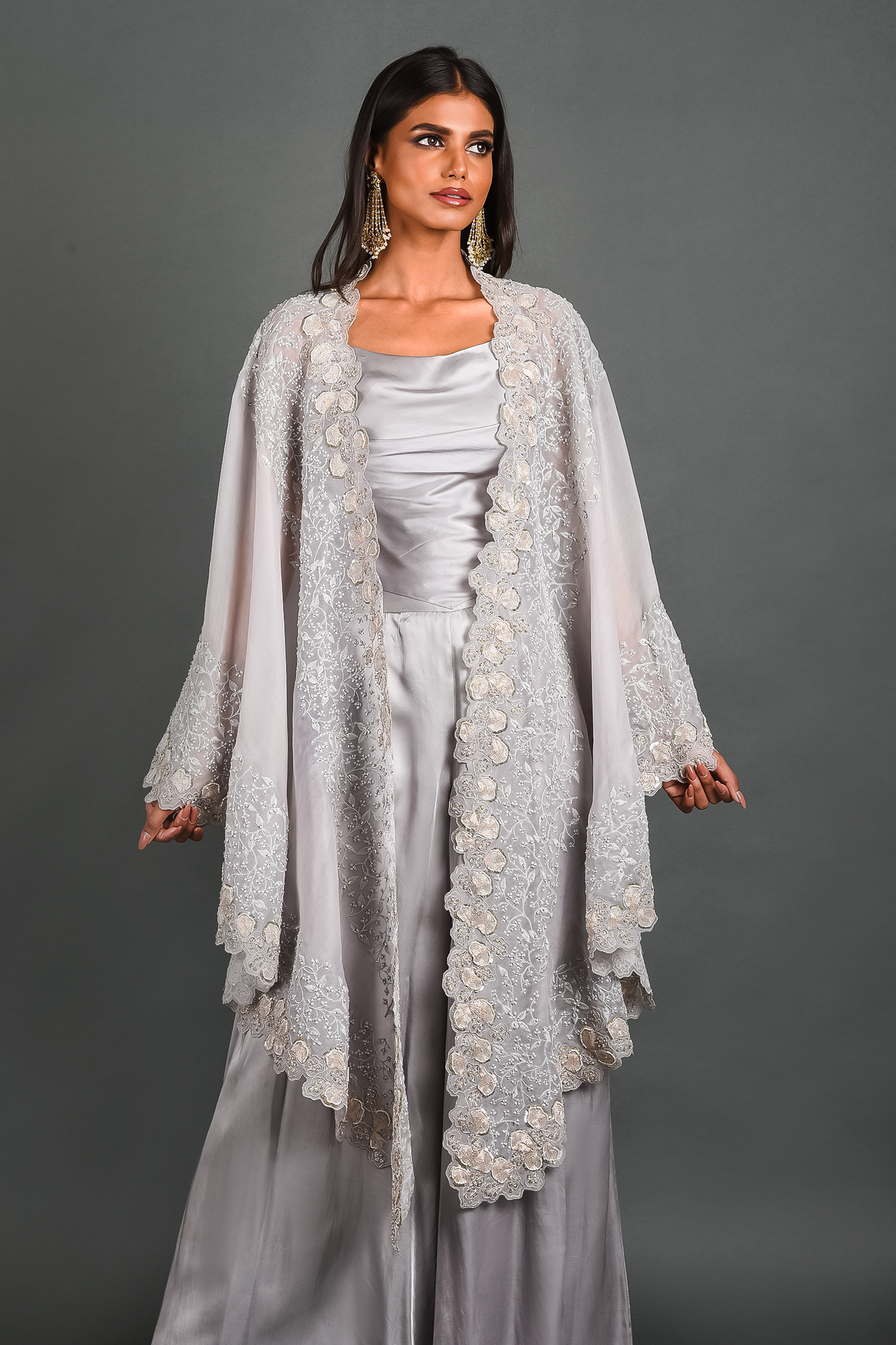 Grey Dancing Daisies Cape With Bustier & Pant