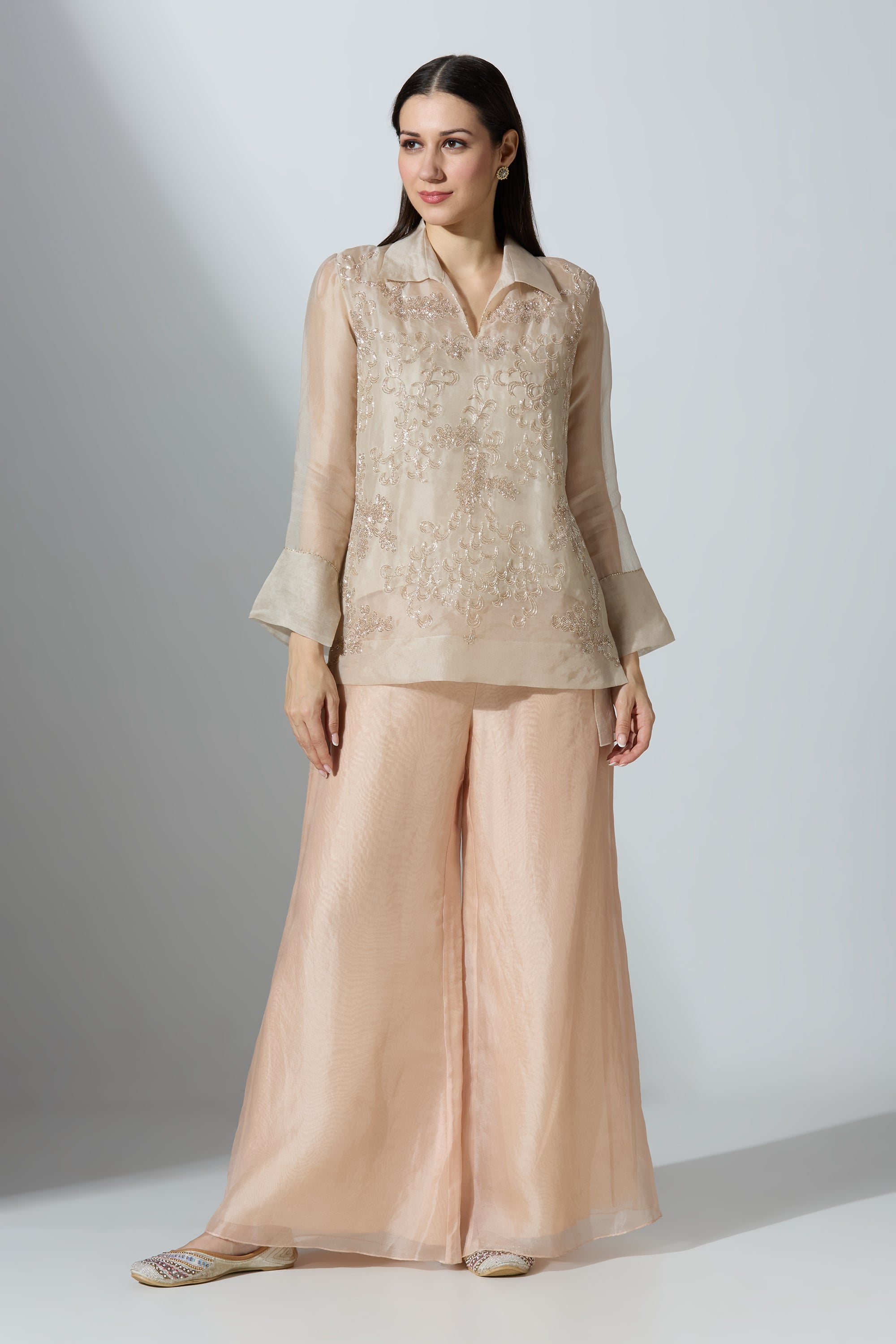 Nude Long Short Organza Shirt With Pant and Slip