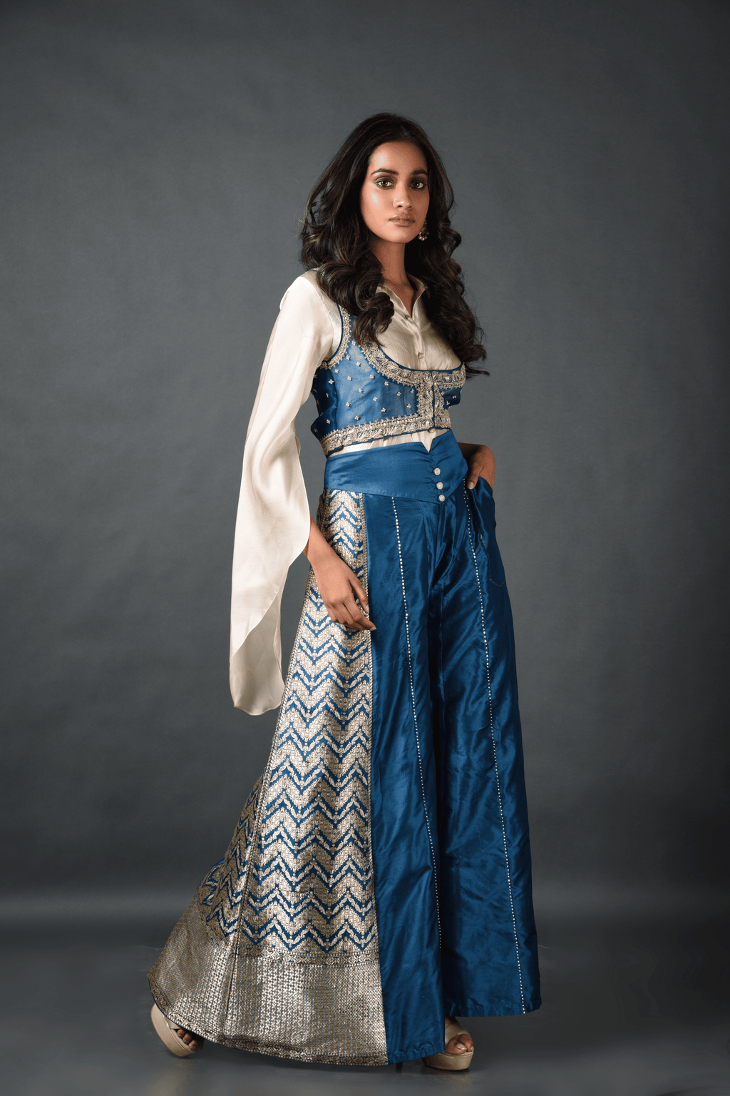 Blue Brocade Pant With Koti and Shirt