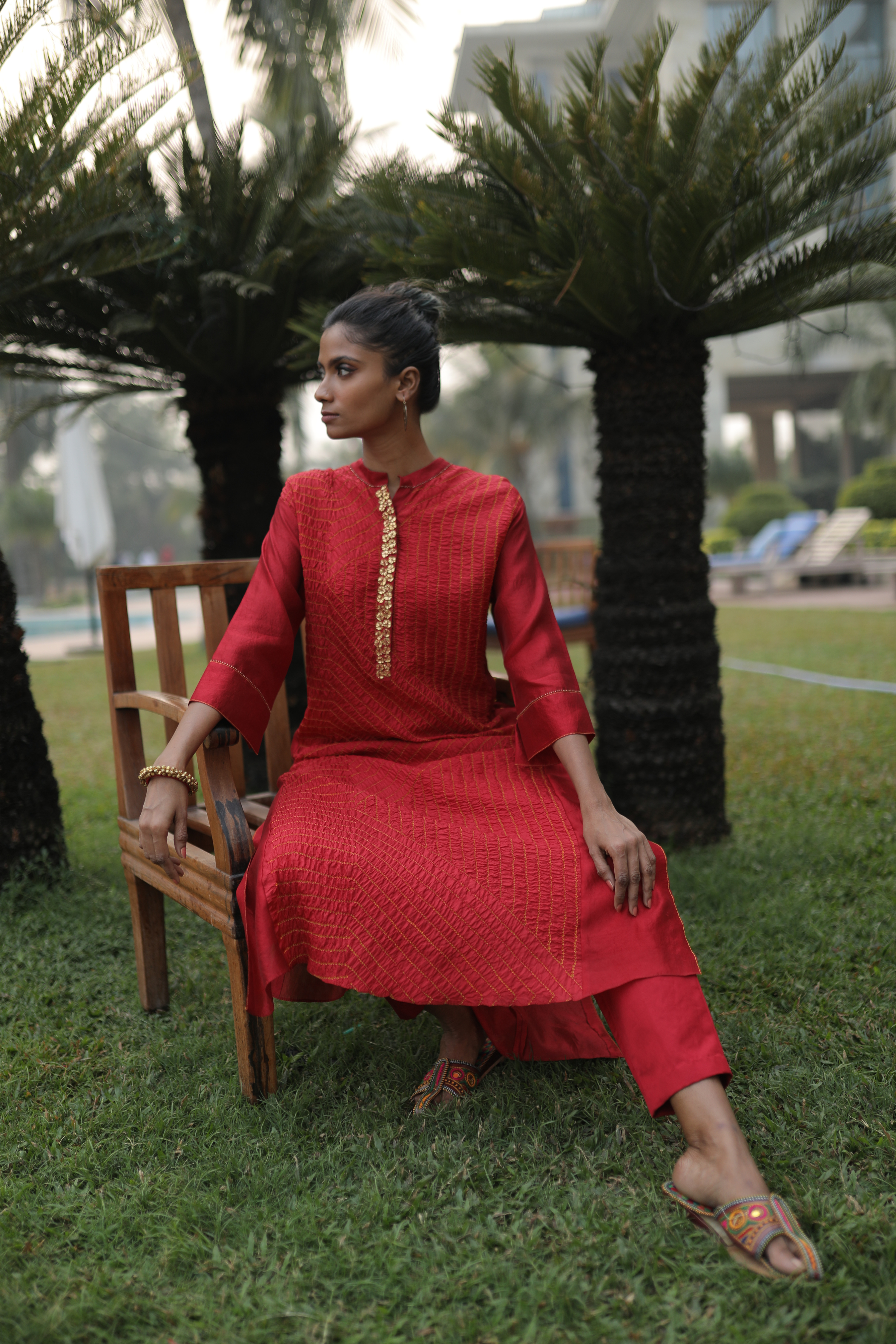 Red Bandhej Kurta With Pant