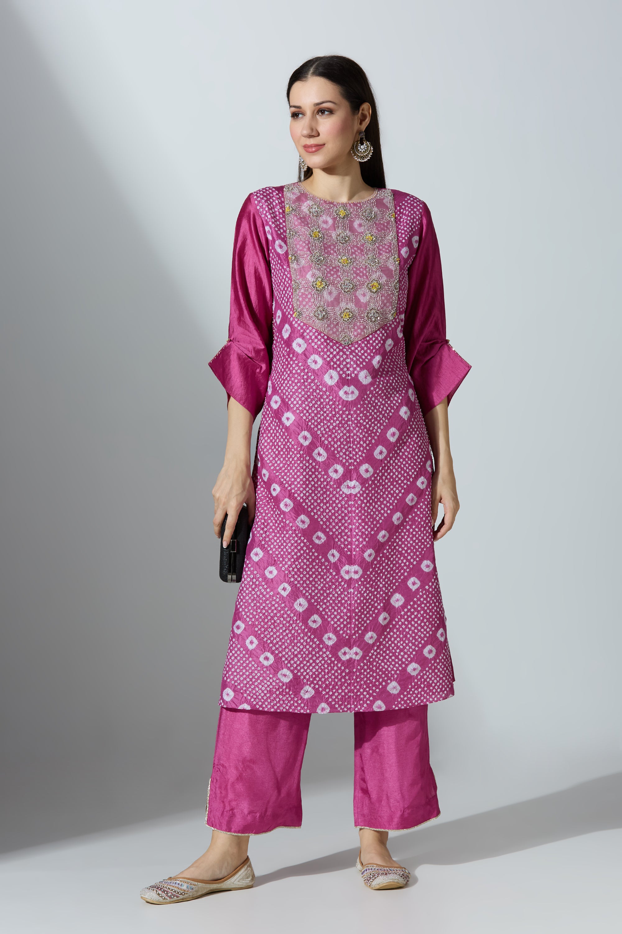 Pink Bandhej Yoke Kurta Set With Pant and Dupatta
