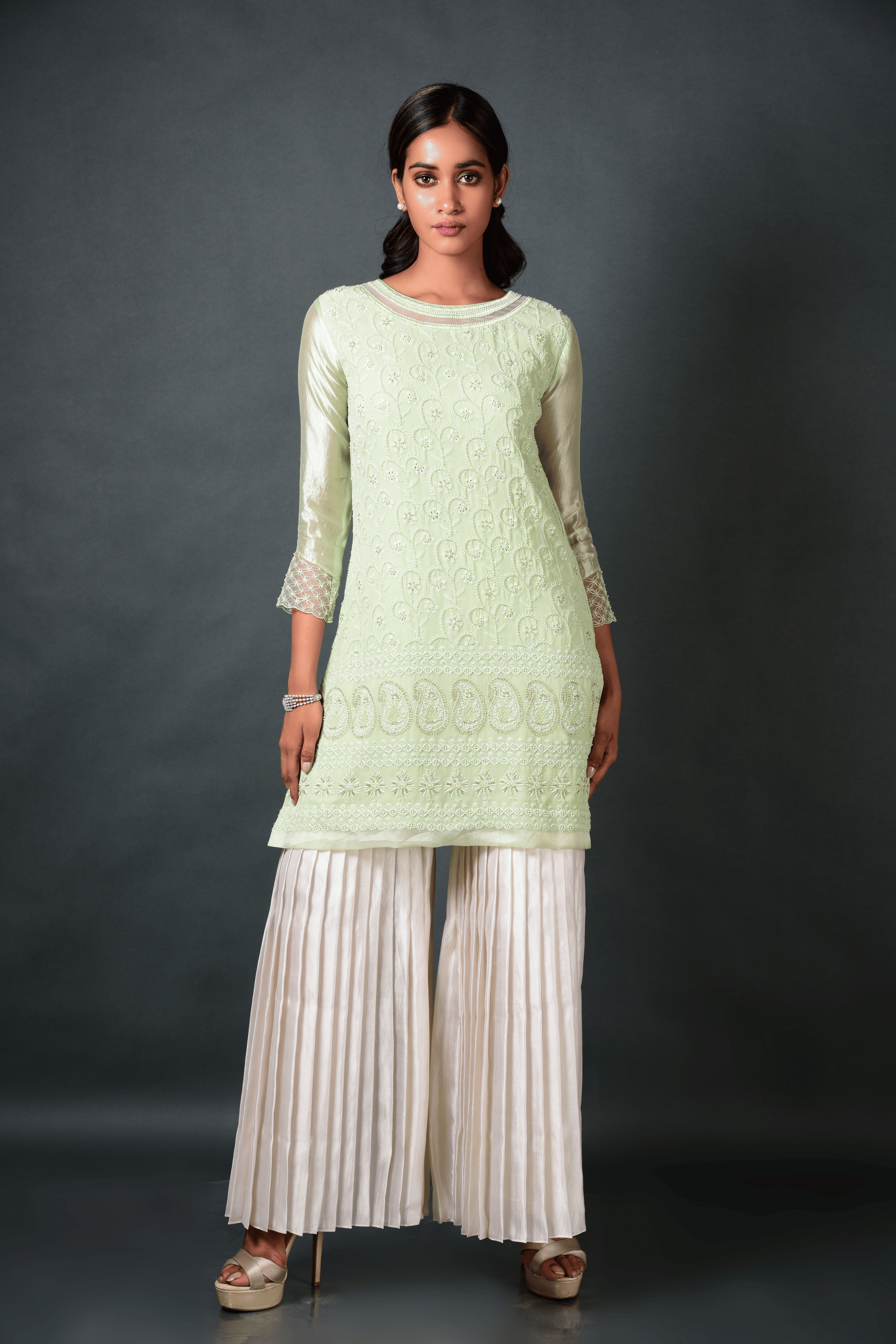 Green Chikan Kurta With Pant