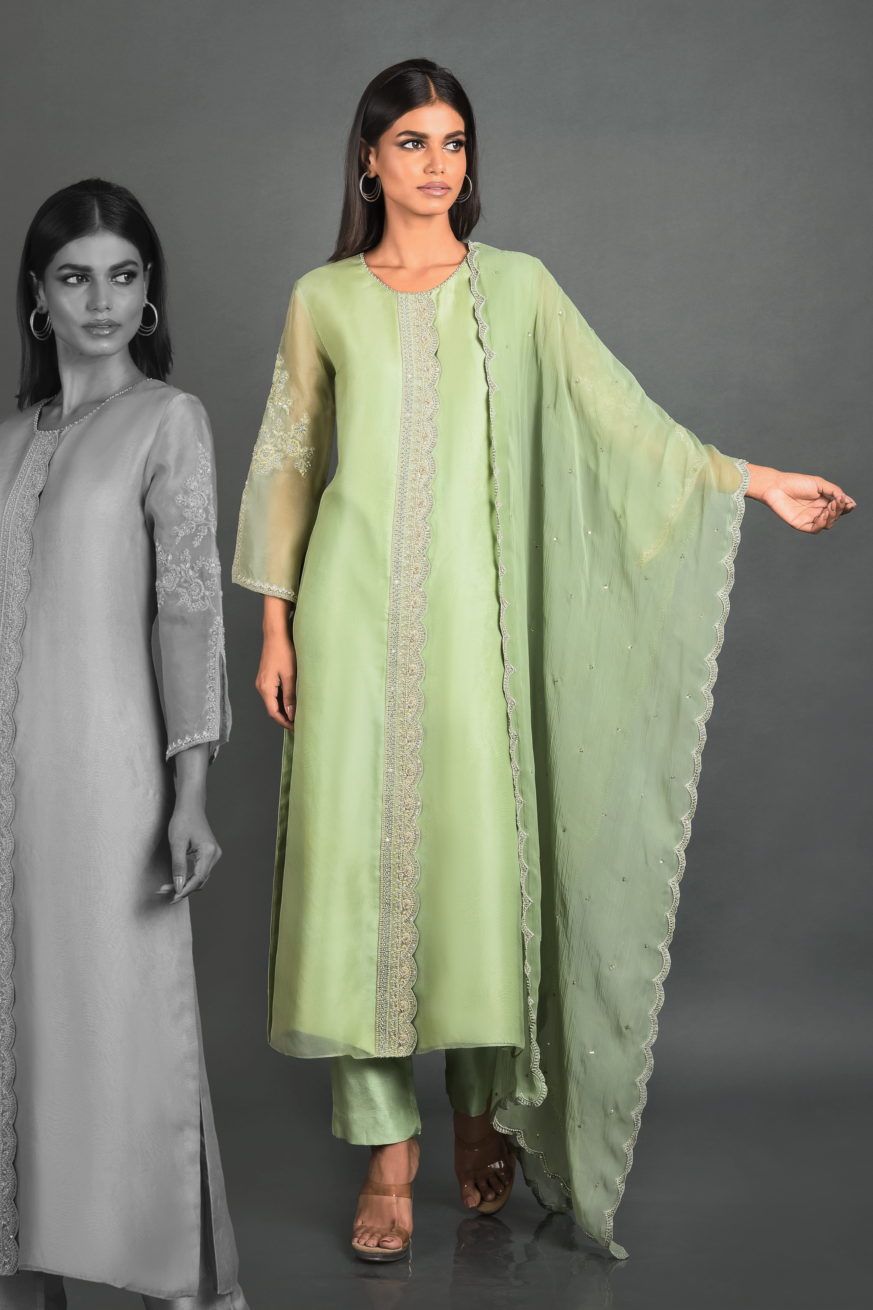 Green Organza Kurta With Pant and Dupatta
