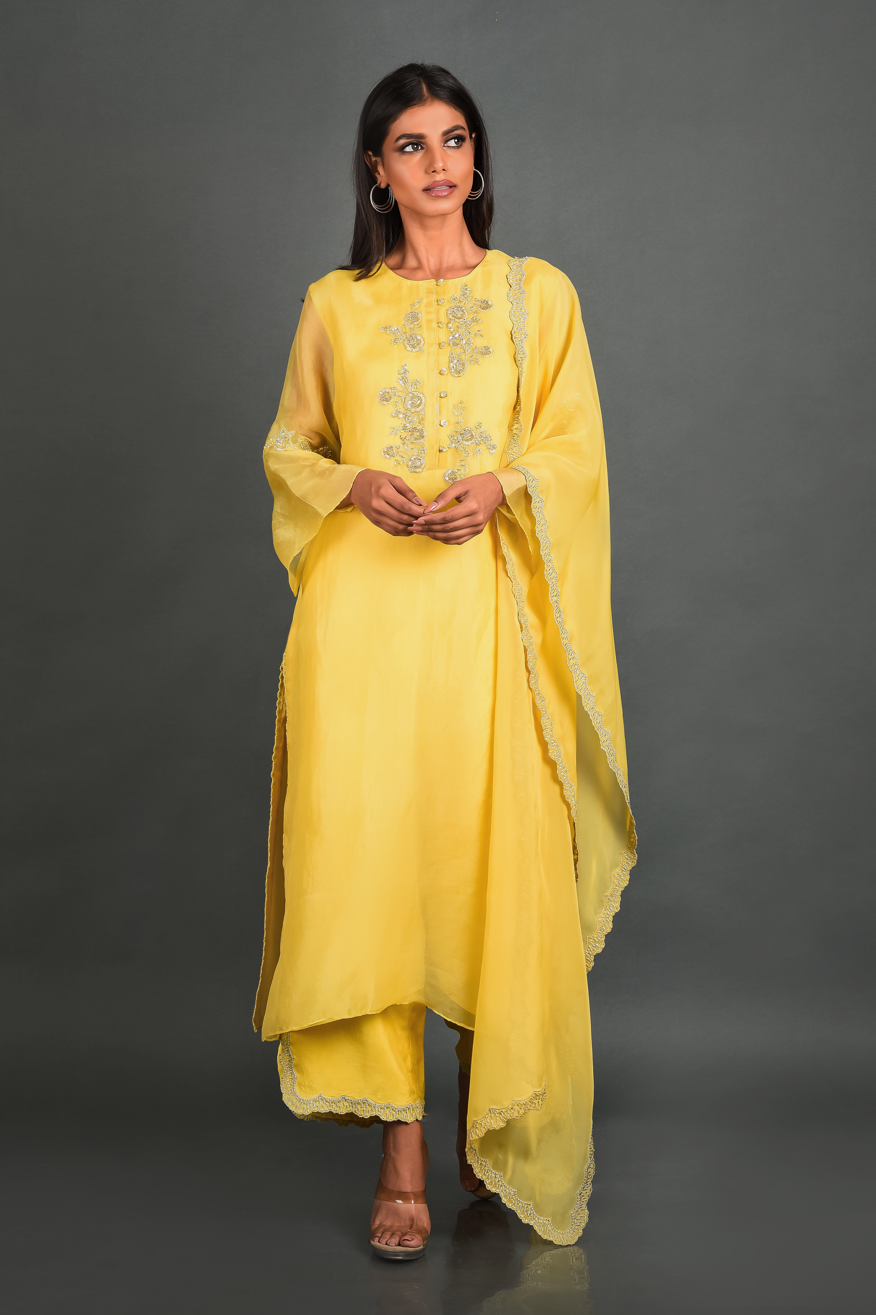 Yellow Organza Kurta With Pant and Dupatta
