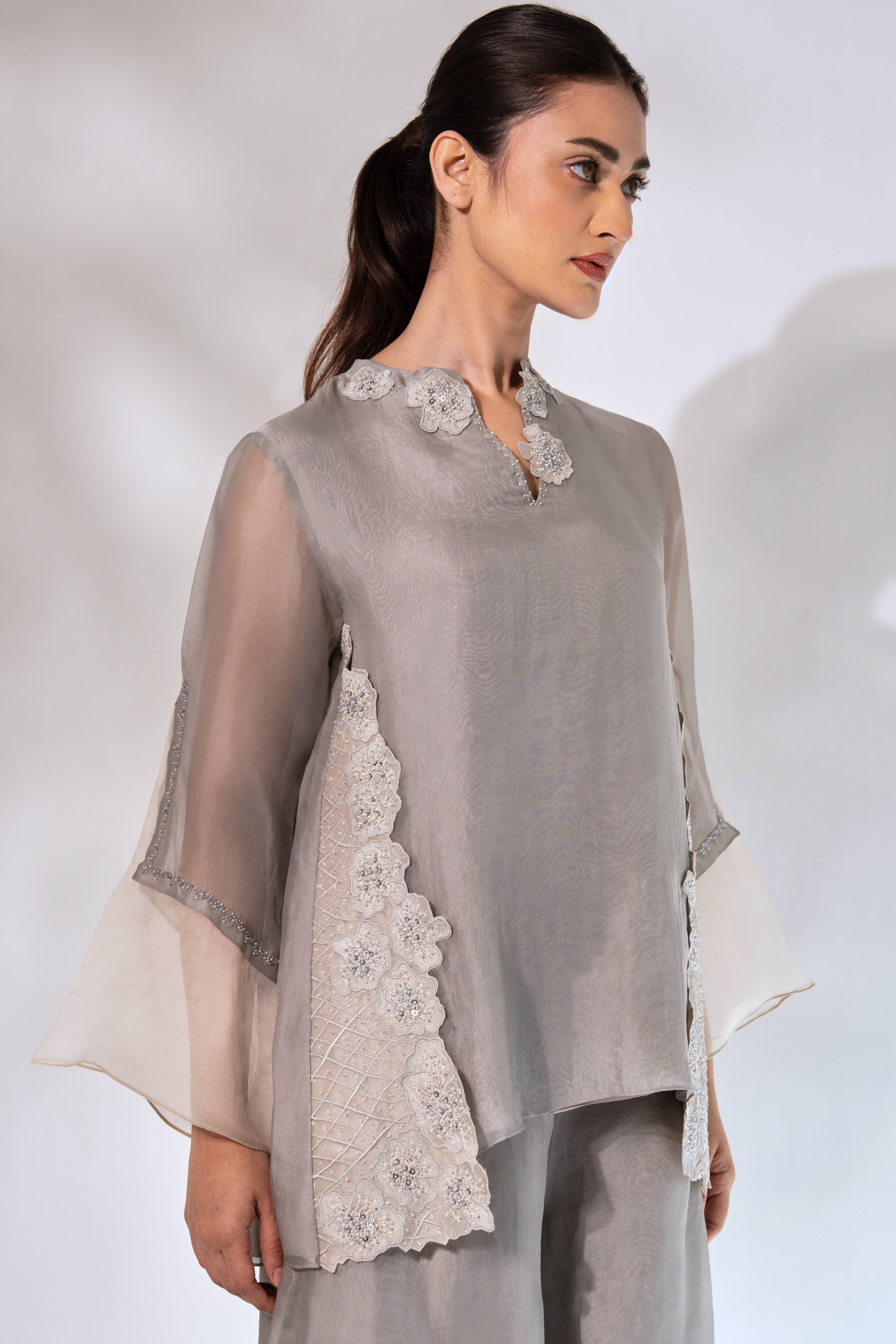 Grey Front Overlap Organza Top With Pant and Slip