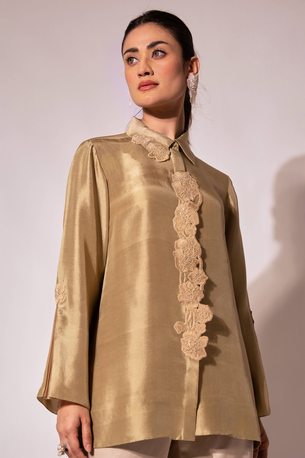 Green Front Placket Silk Shirt