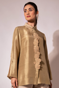 Green Front Placket Silk Shirt