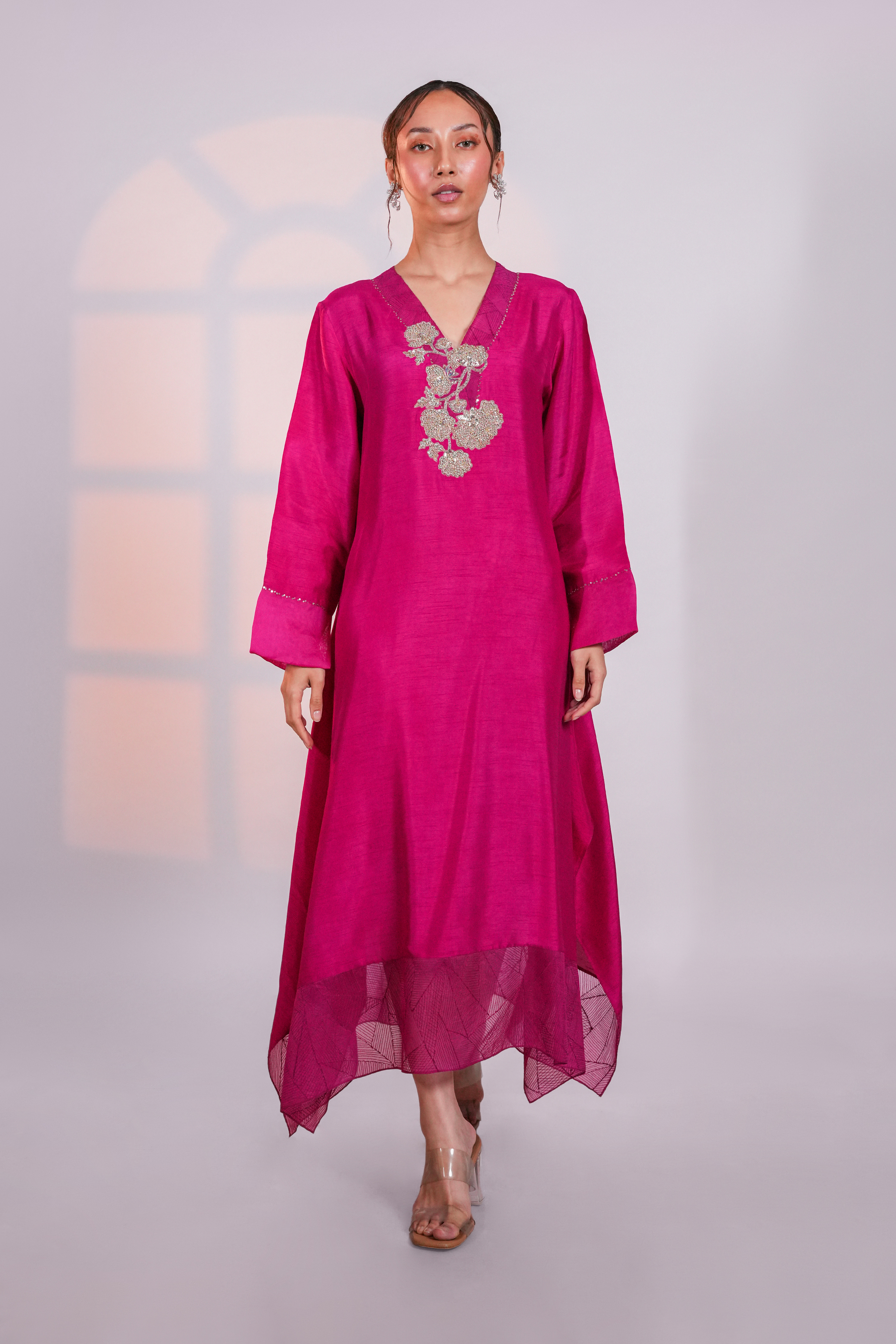 Pink Asymmetric Silk Kurta
