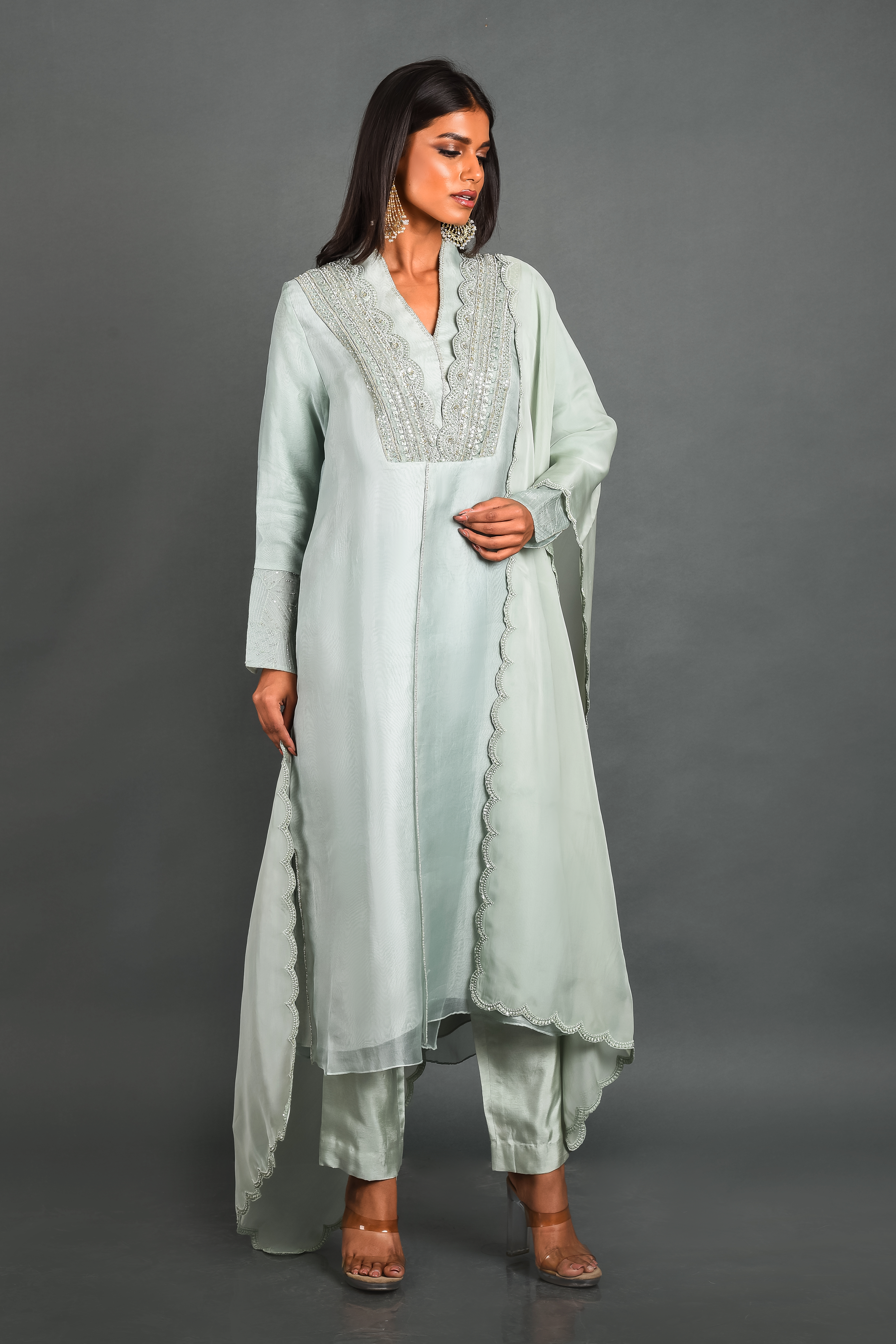 Grey Organza Kurta With Pant and Dupatta