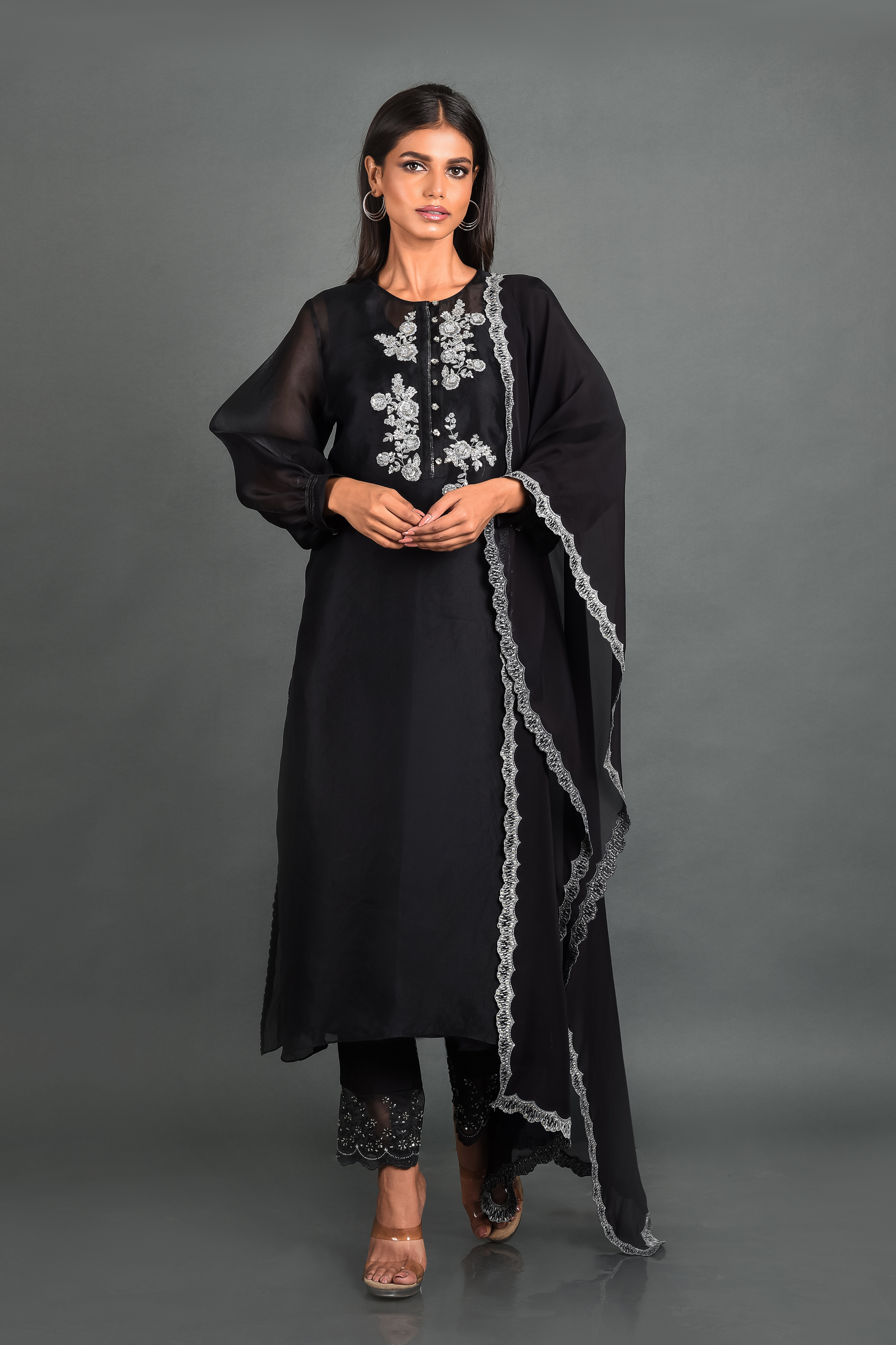 Black Organza Kurta With Pant and Dupatta