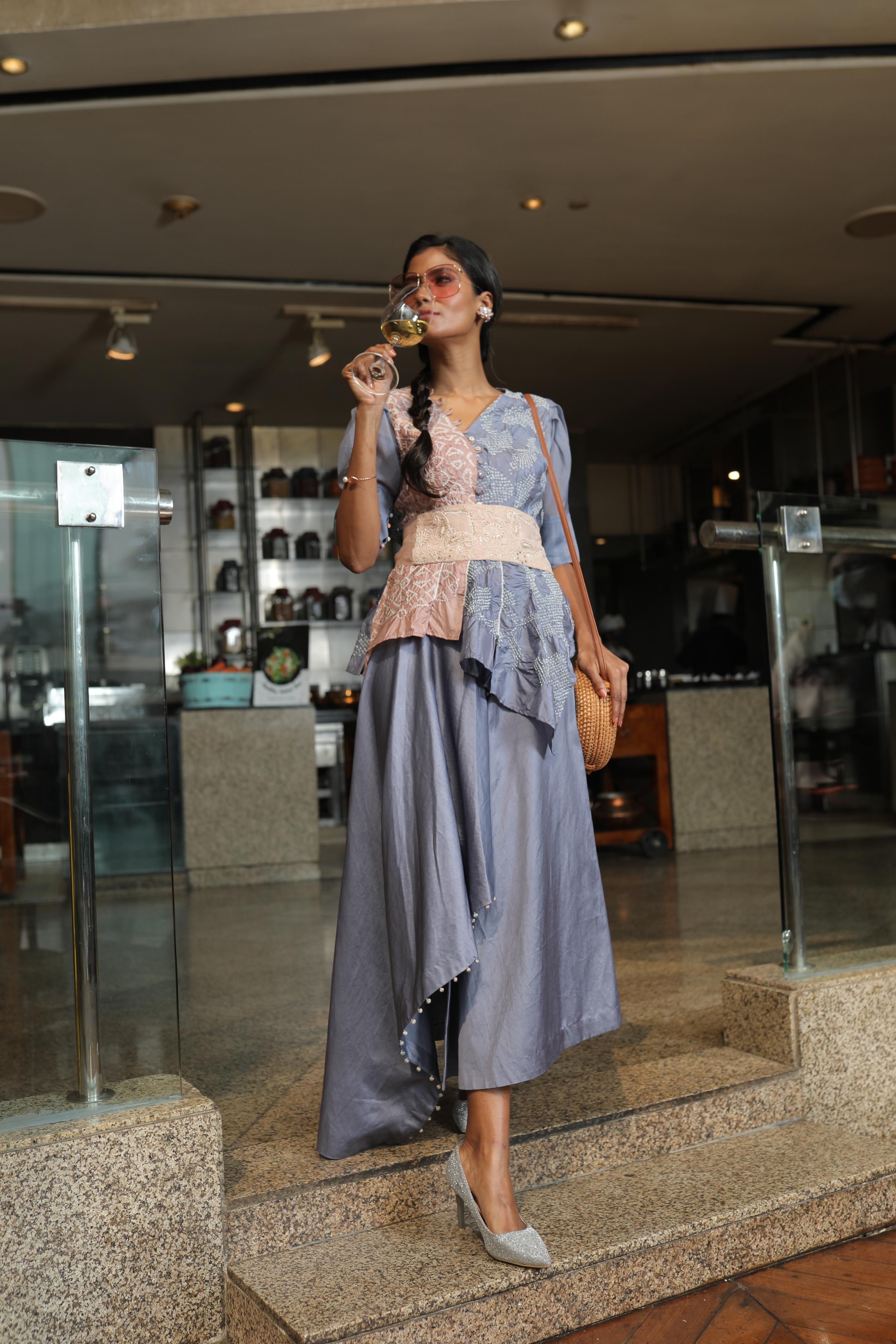 Blue Bandhej Top With Skirt and Belt