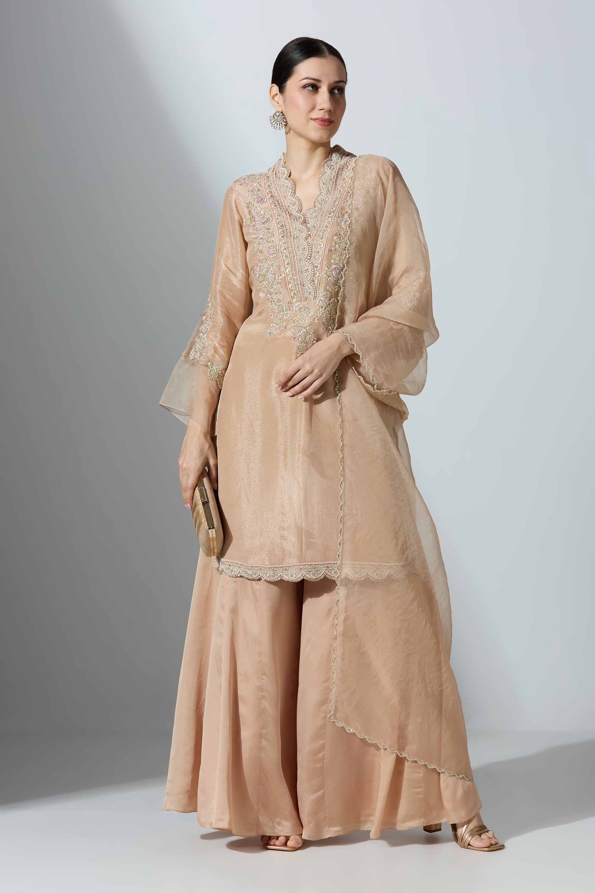 Peach Tissue Kurta Set With Pant