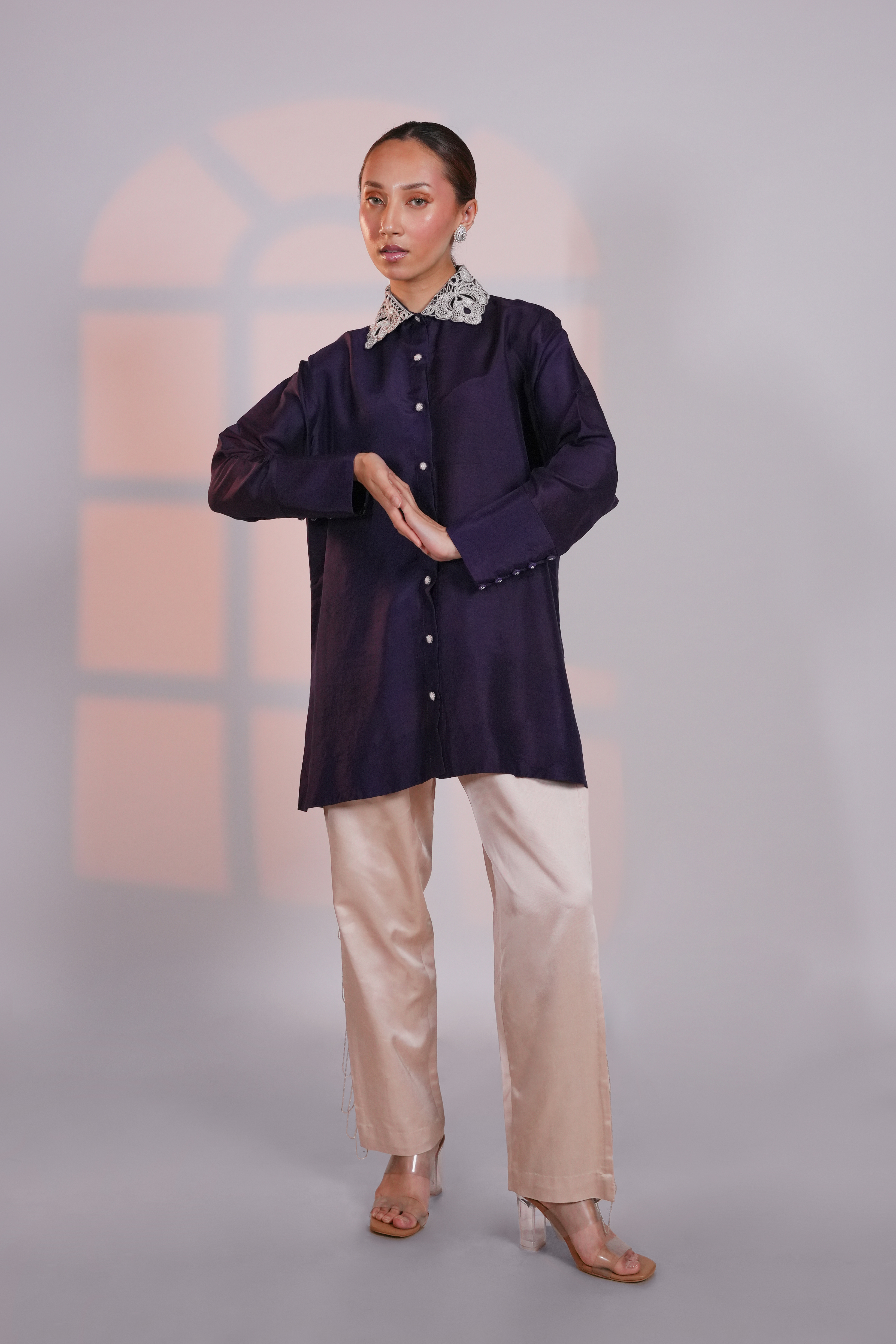 Purple A-Line Silk Shirt