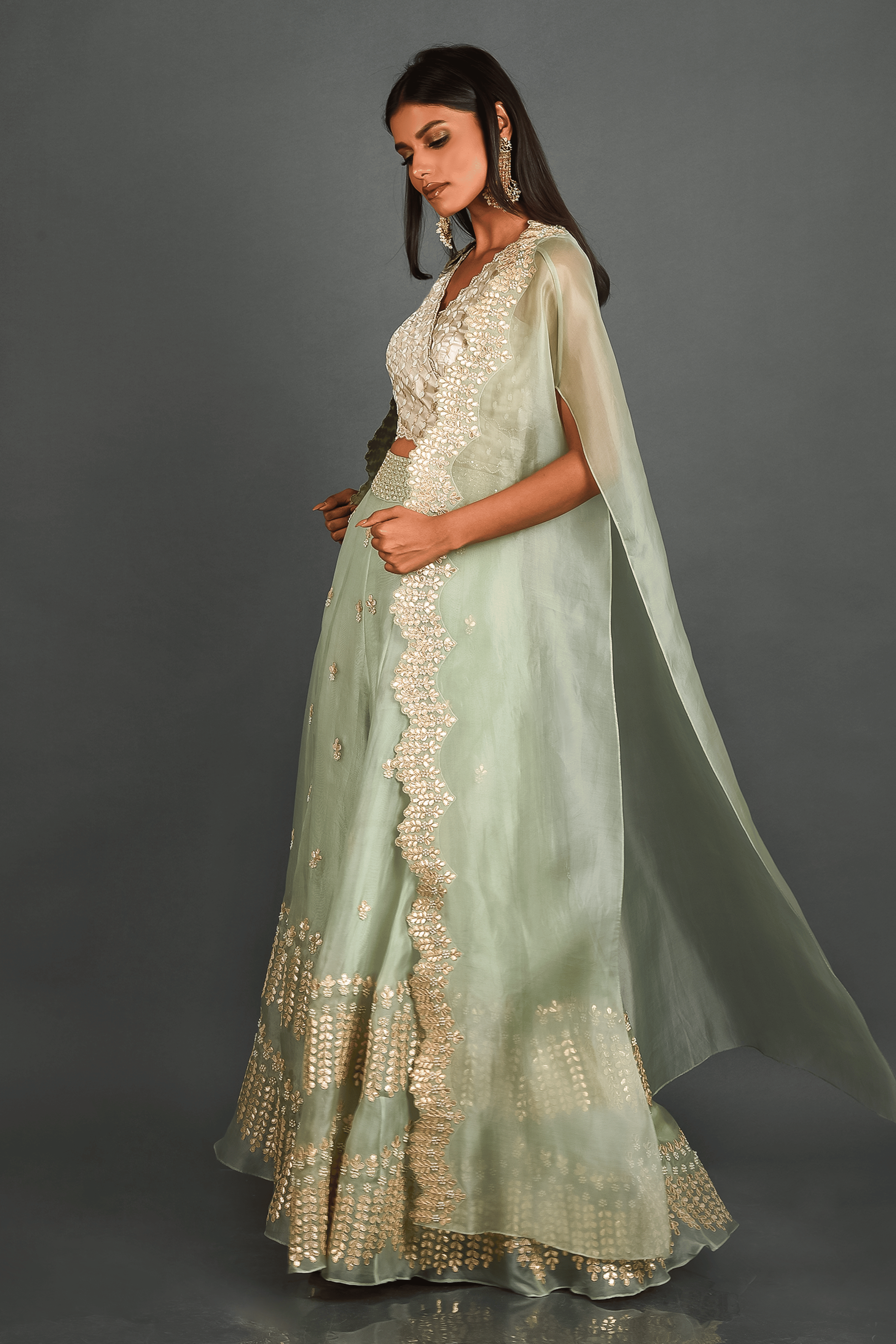 Green Organza Top with Sharara and Cape
