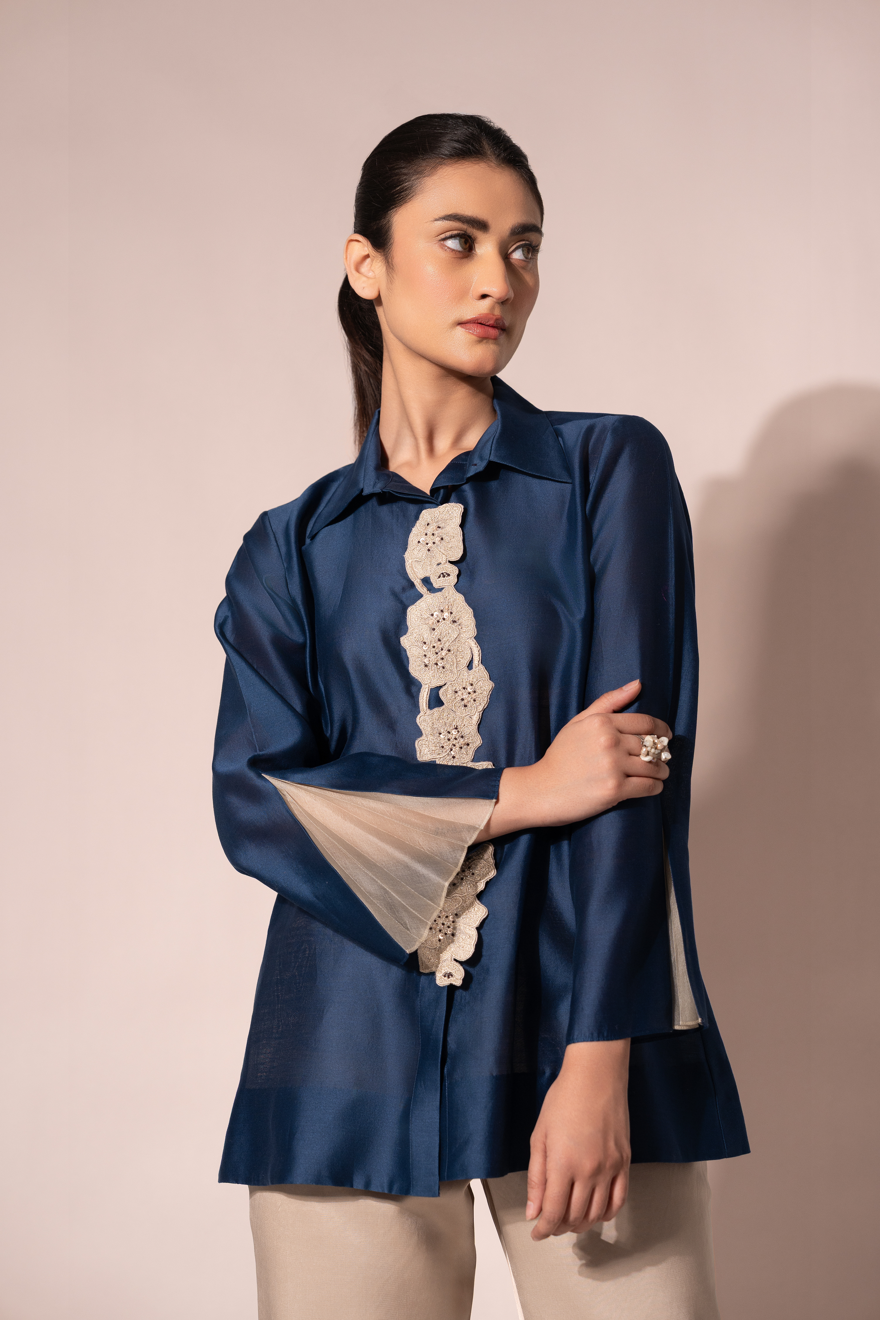 Blue Front Placket Chanderi Shirt