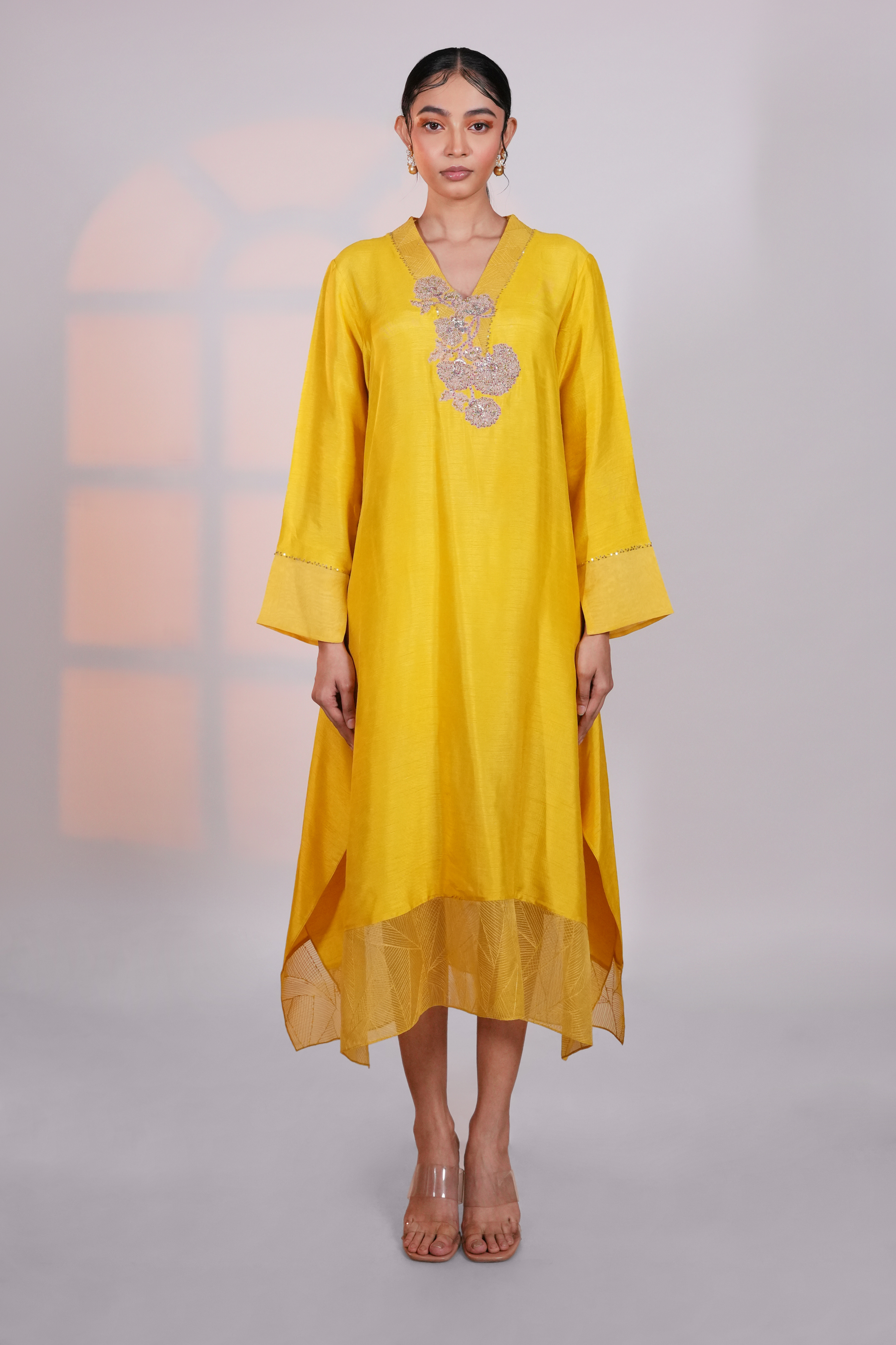Yellow Asymmetric Silk Kurta