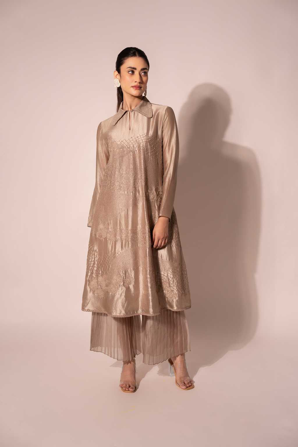 Beige WaveBorne Silk Collar Kurta With Pant
