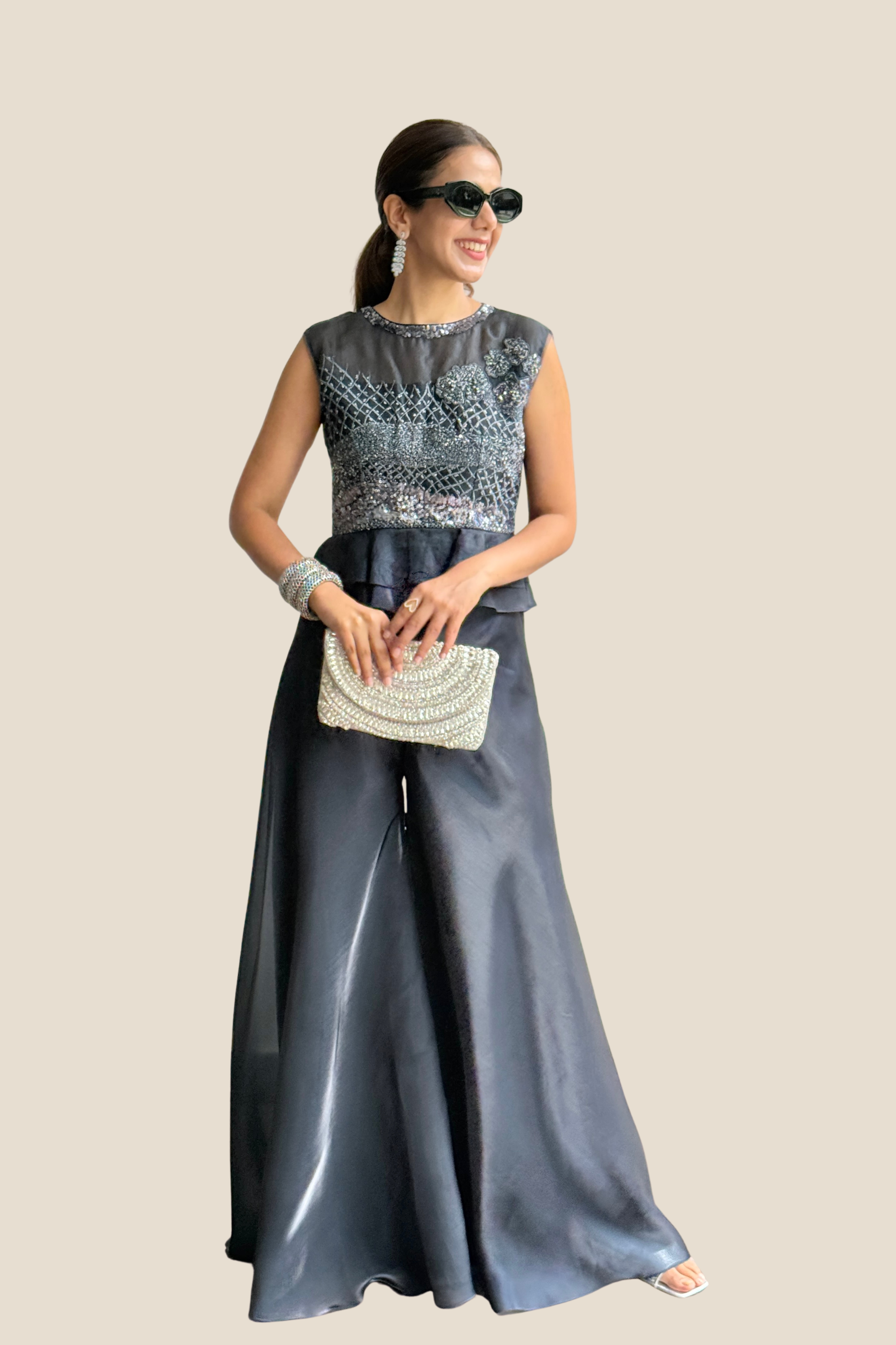Blue Crop Peplum Organza Top with Pant