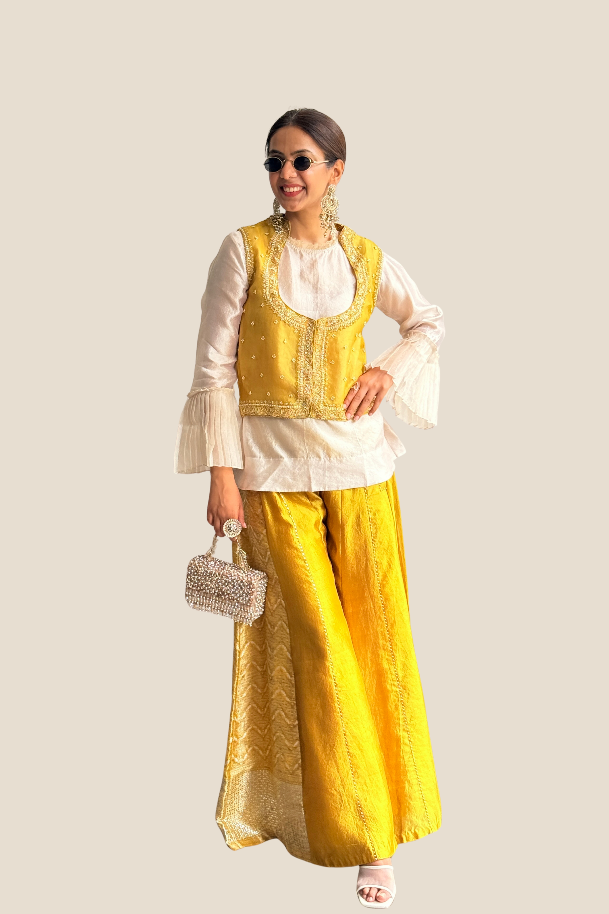 Yellow Brocade Pant with Koti and Shirt