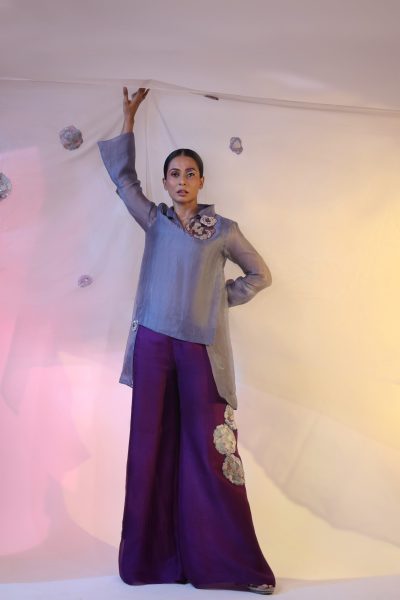 Grey Organza Shirt With Pant