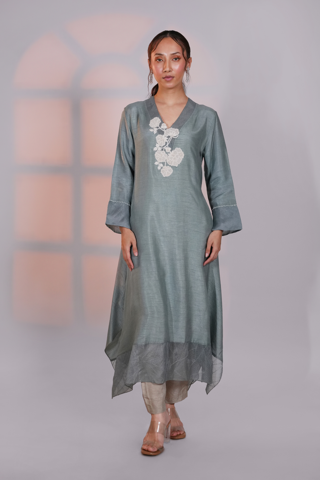 Grey Asymmetric Silk Kurta