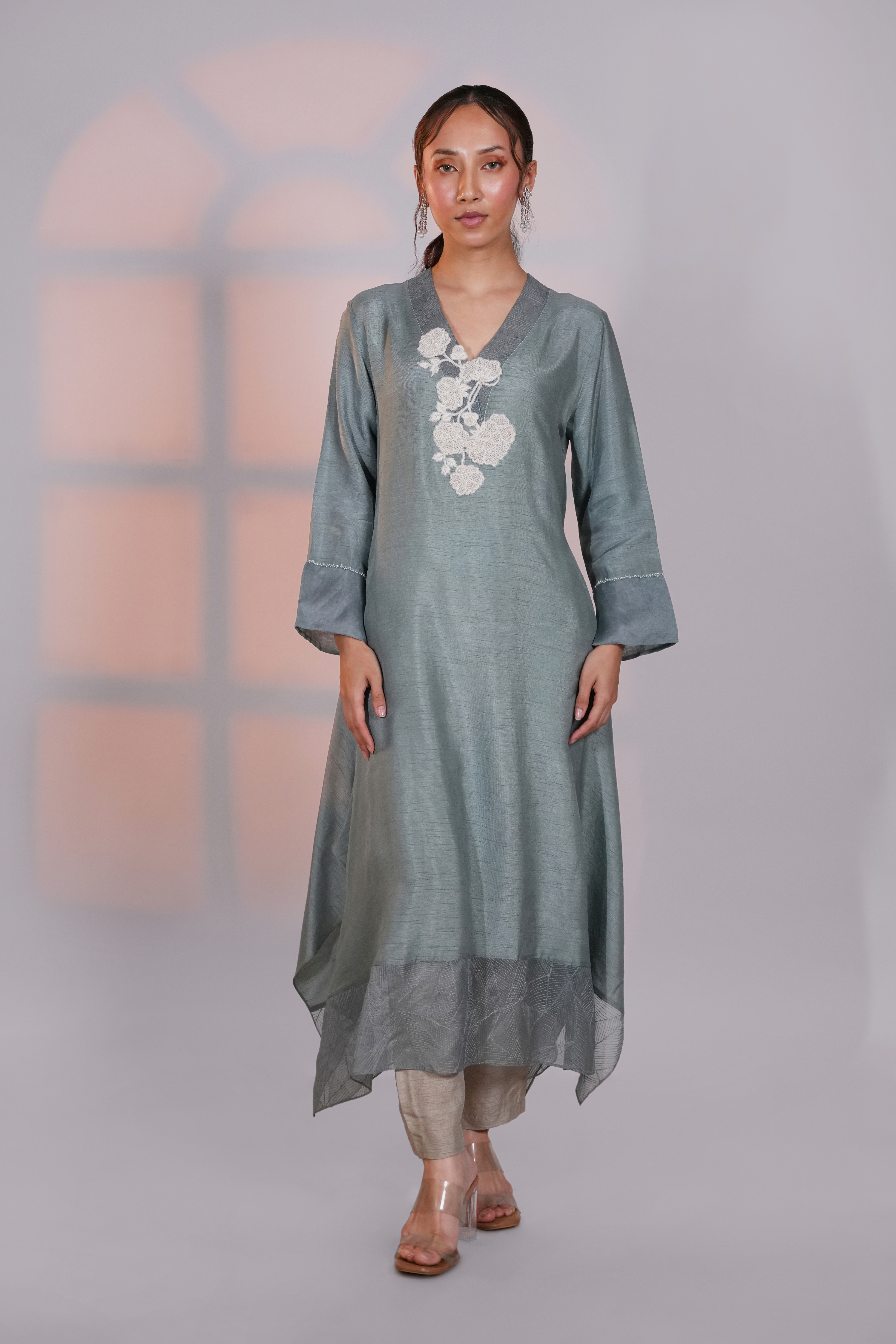 Grey Asymmetric Silk Kurta