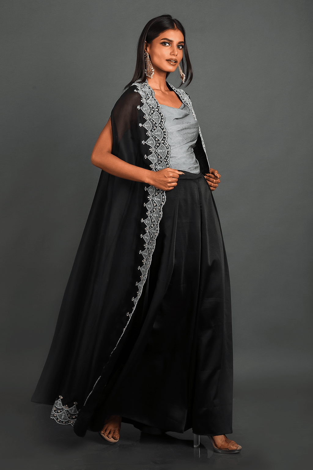 Black Organza Cape With Pant and Bustier