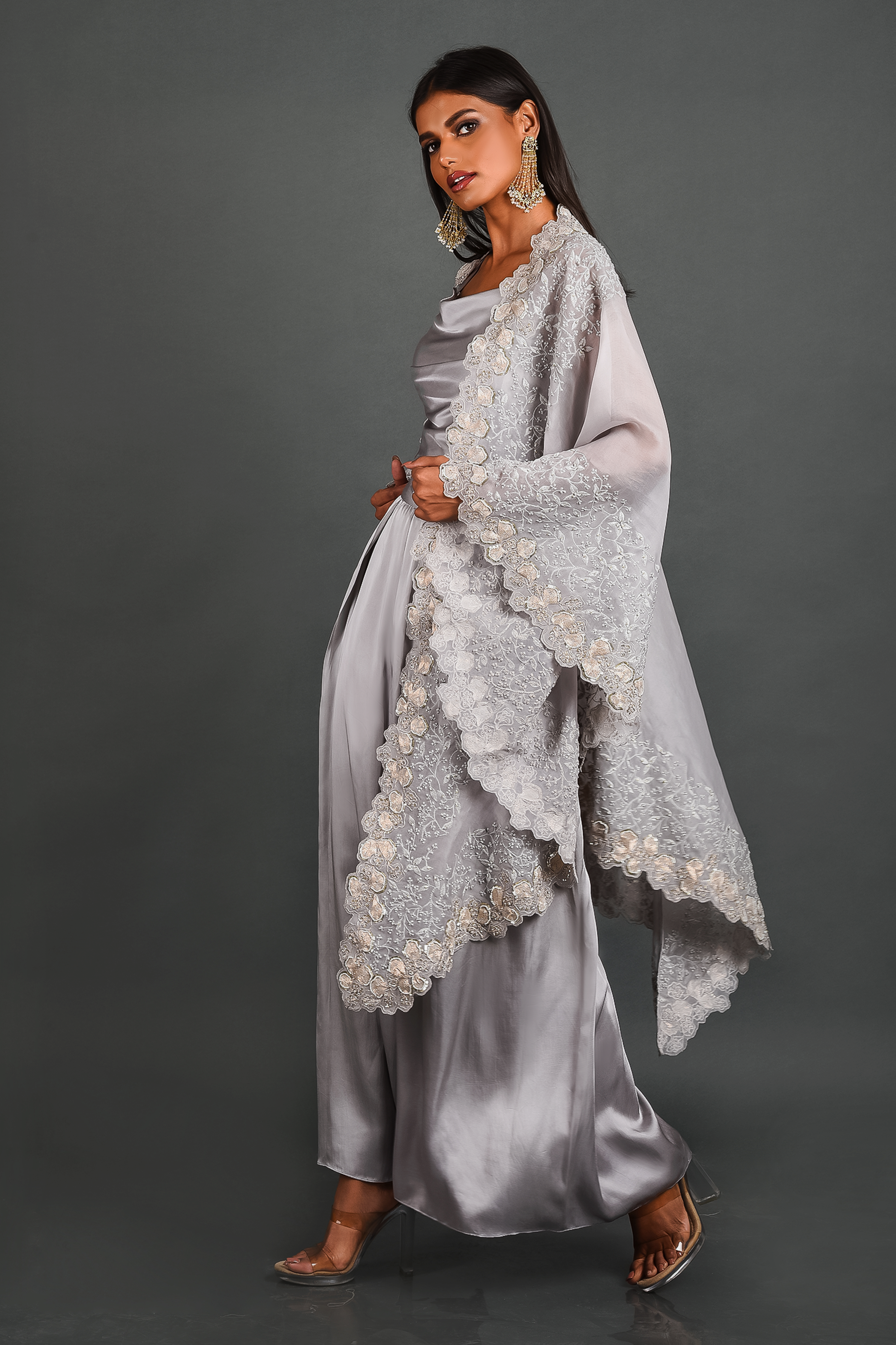 Grey Dancing Daisies Cape With Bustier & Pant
