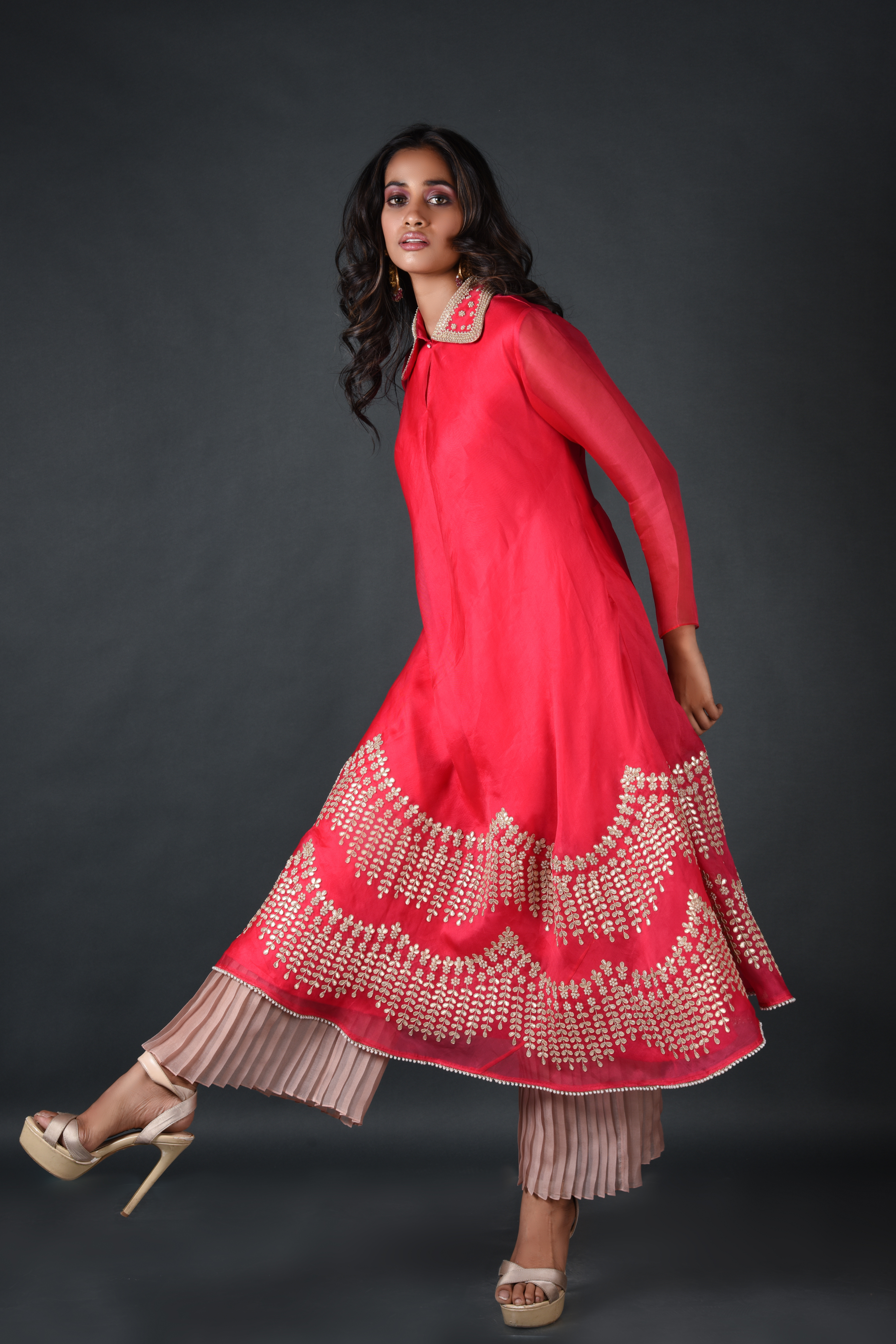 Red Organza Kurta With Pant