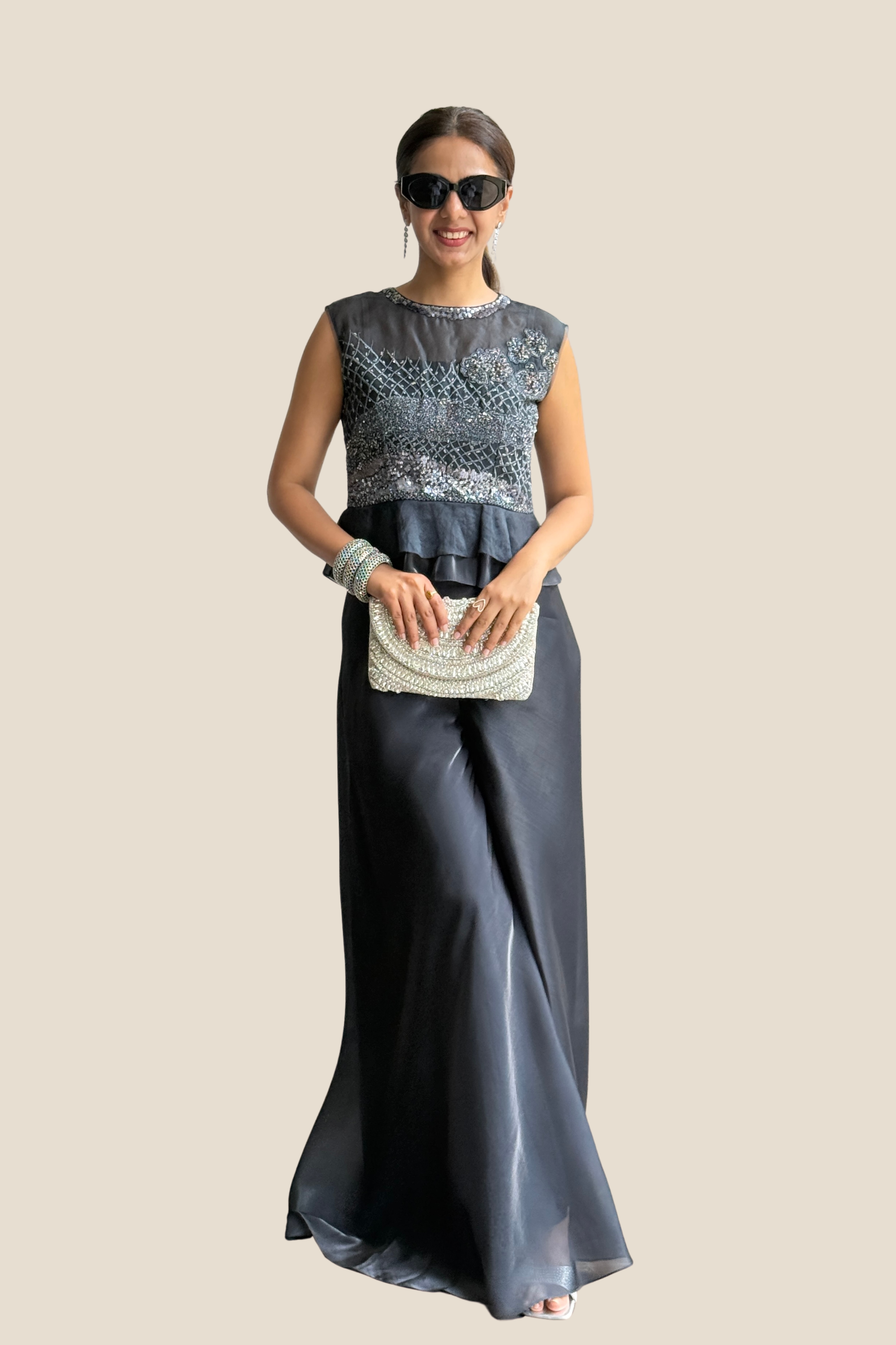 Blue Crop Peplum Organza Top with Pant