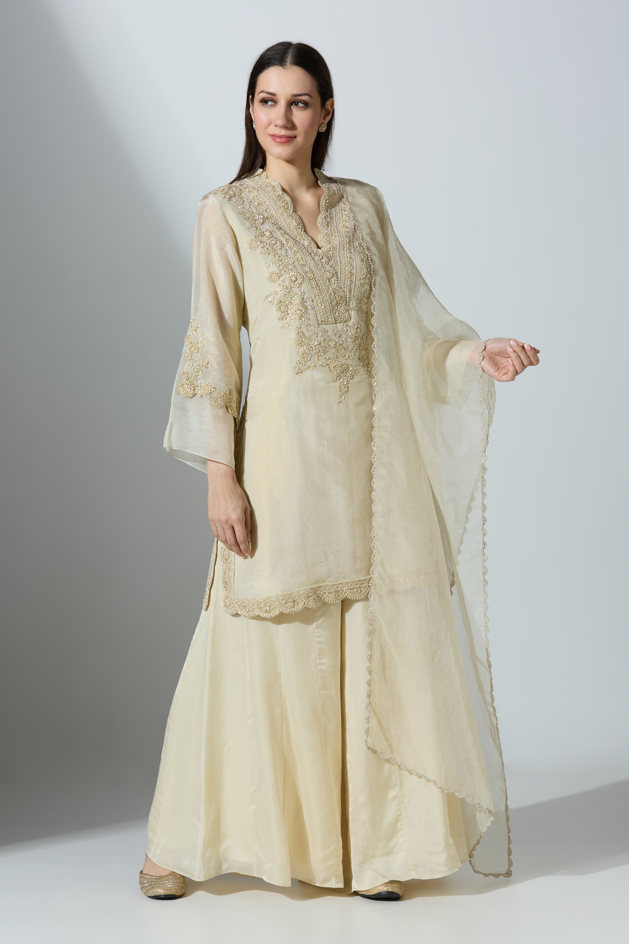 Beige Tissue Kurta Set With Pant and Dupatta