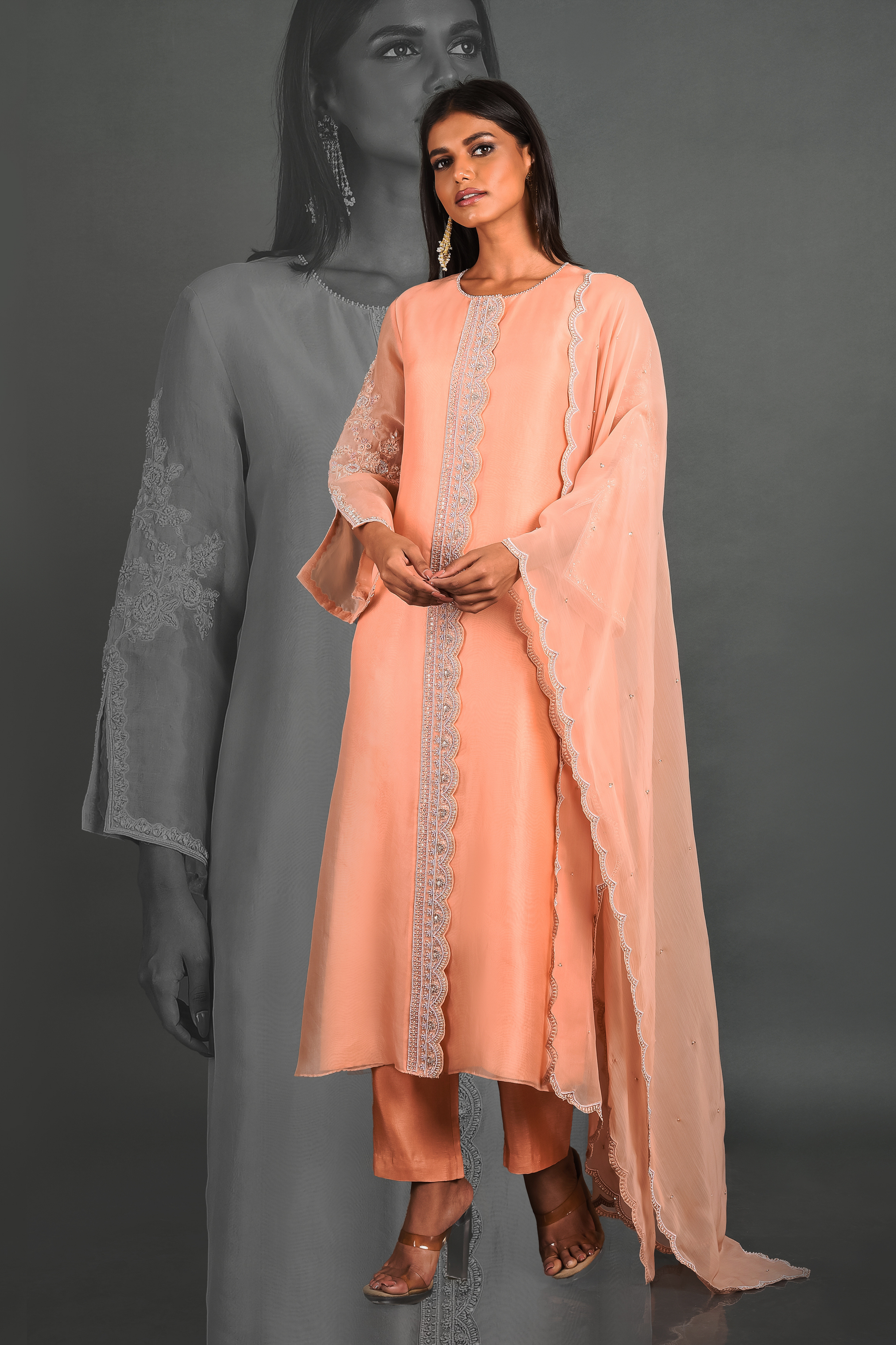 Peach Viscose Pant With Dupatta and Kurta