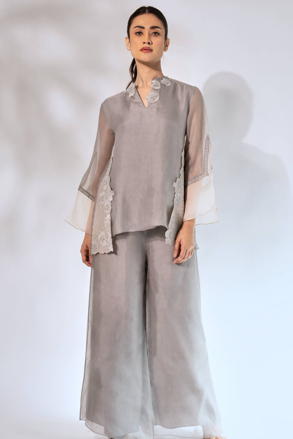 Grey Front Overlap Organza Top With Pant and Slip
