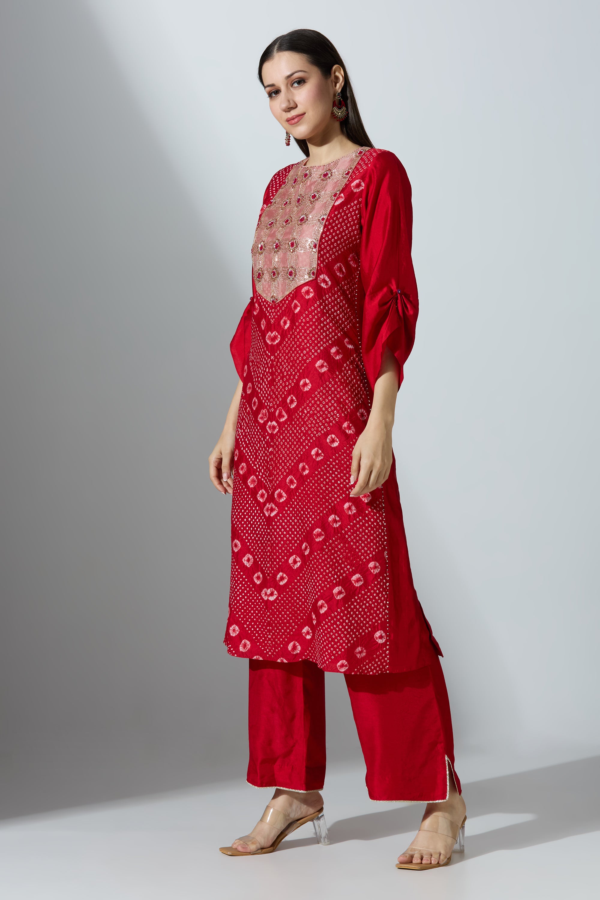 Red Bandhej Yoke Kurta Set With Pant