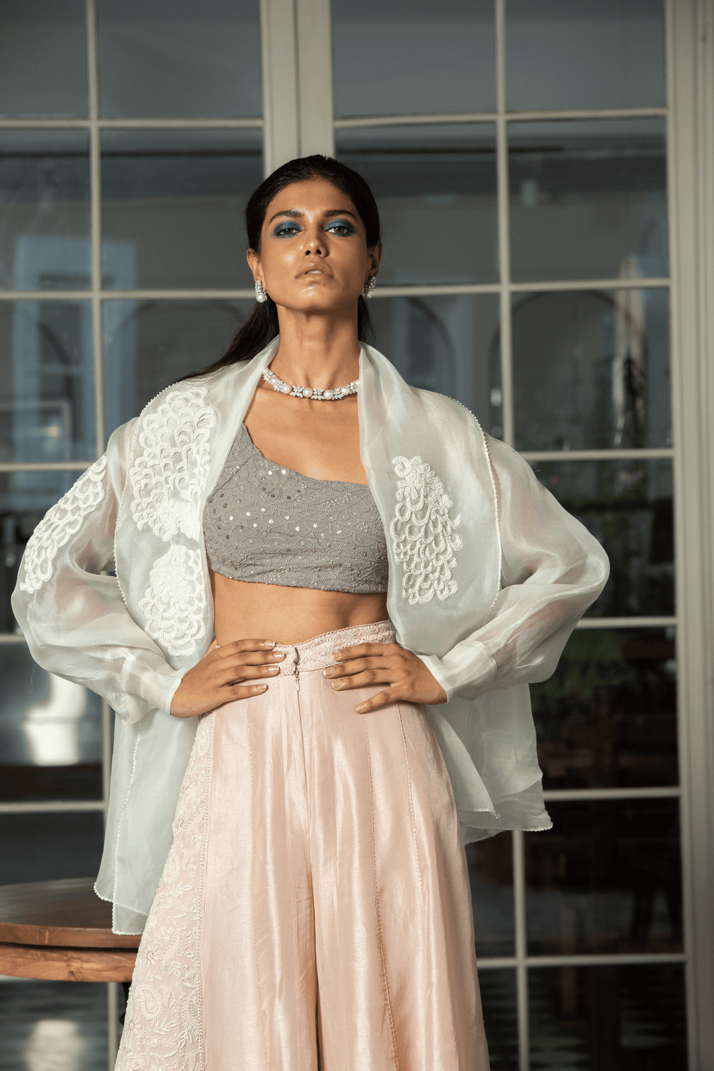 White Chikan Pant With Bustier and Jacket