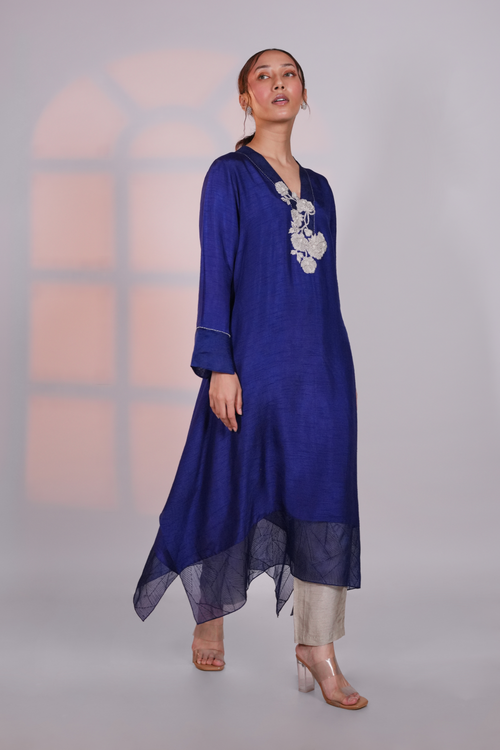 Blue Asymmetric Silk Kurta