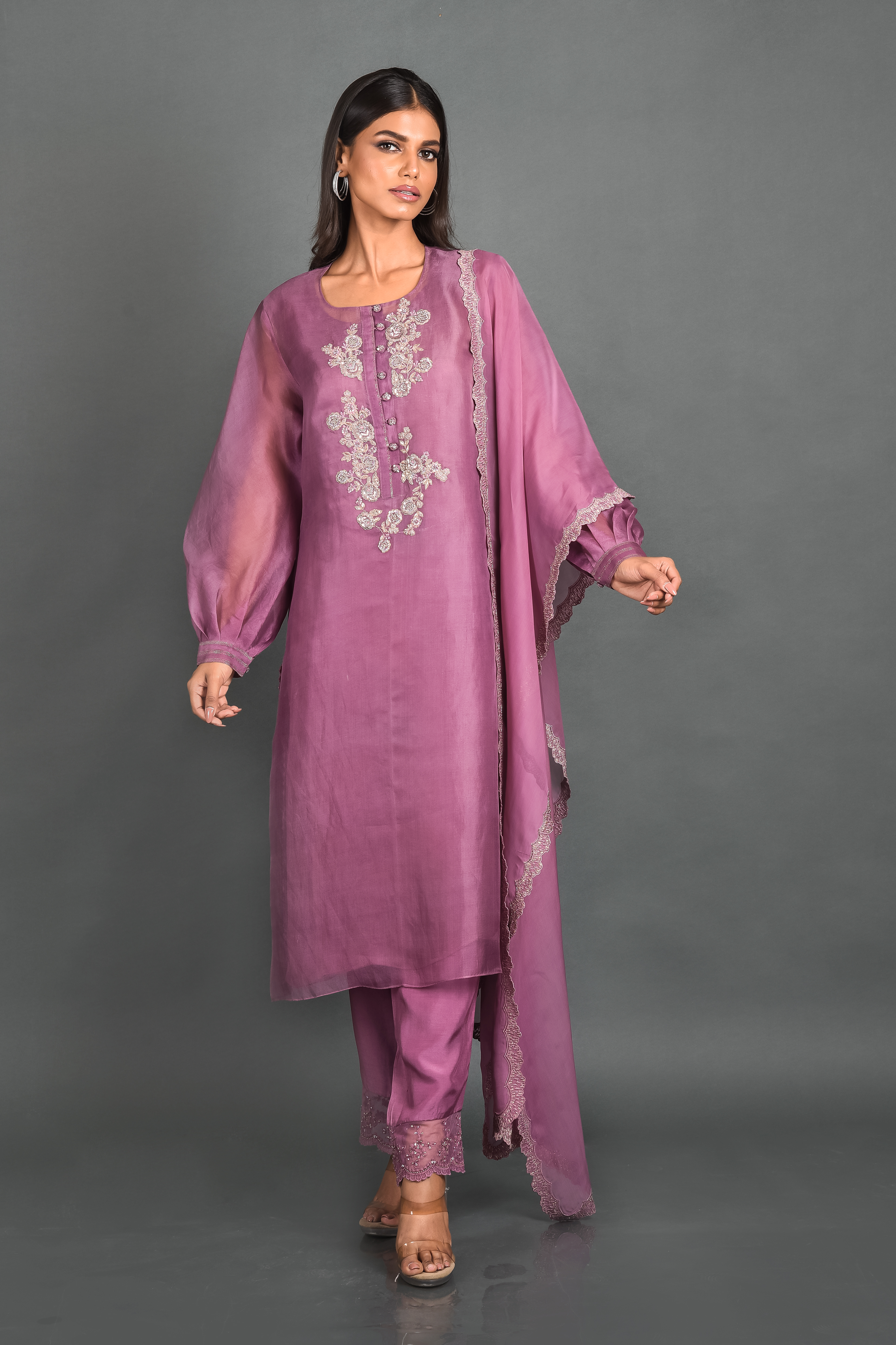 Purple Organza Kurta With Pant and Dupatta