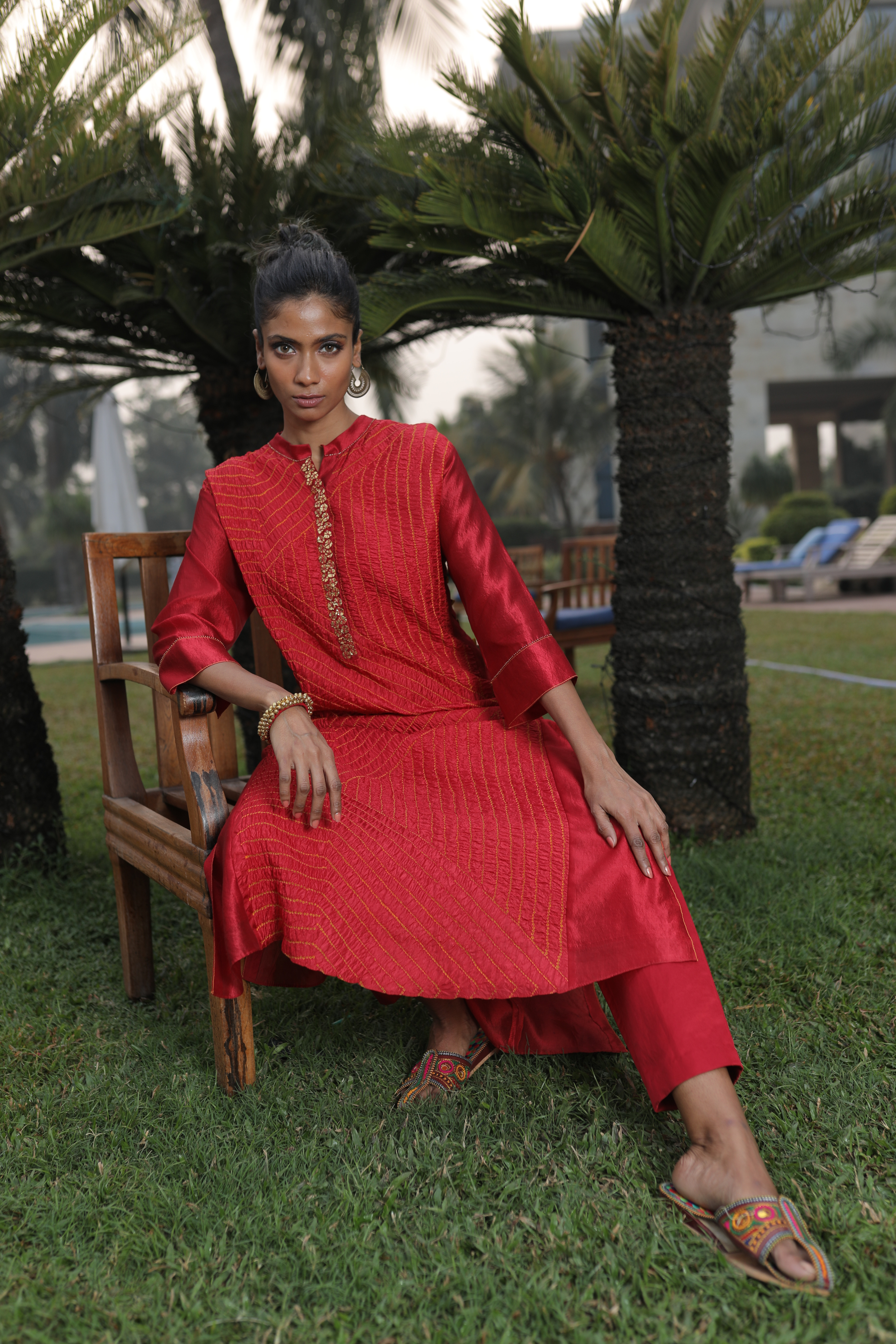 Red Bandhej Kurta With Pant