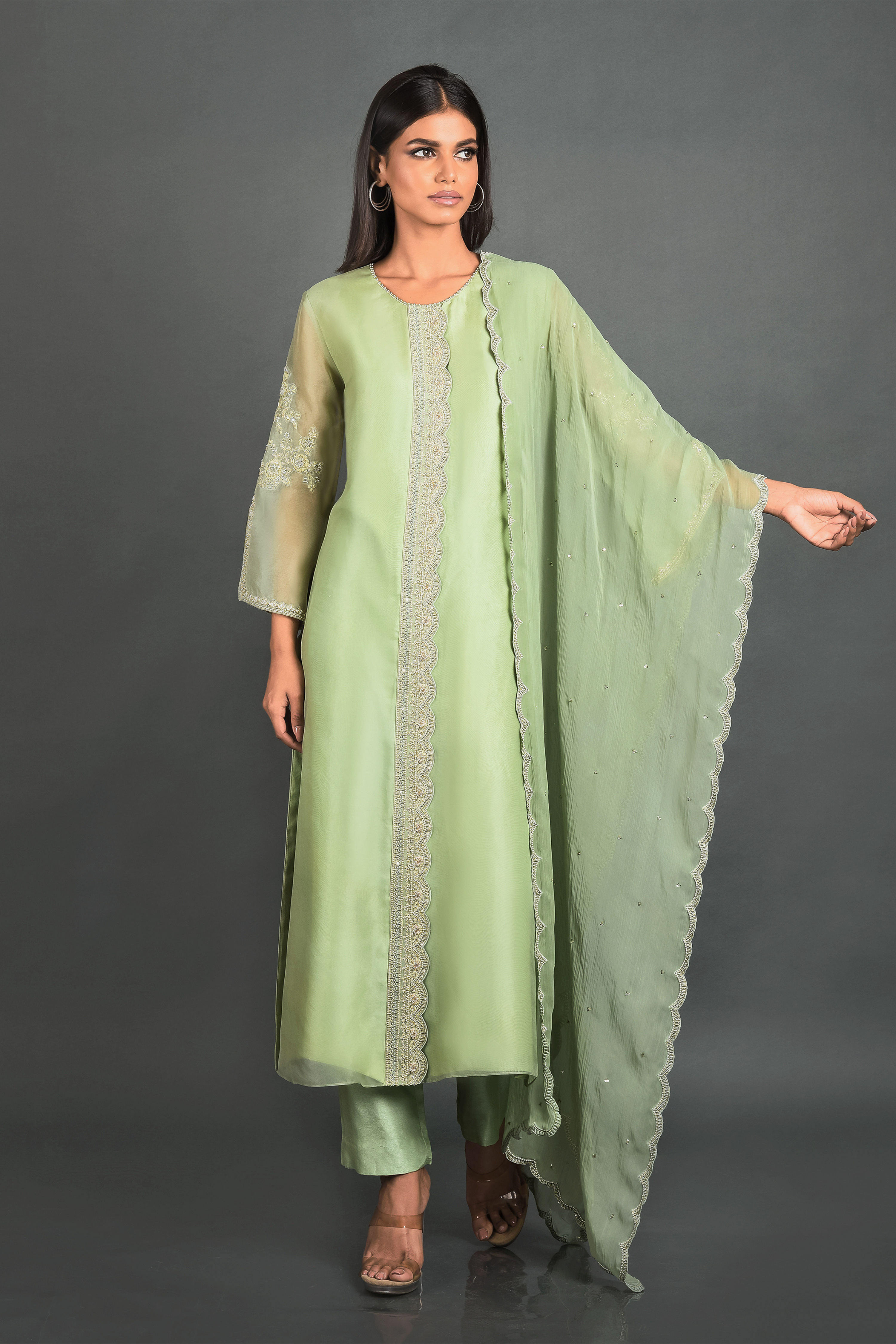 Green Organza Kurta With Pant and Dupatta
