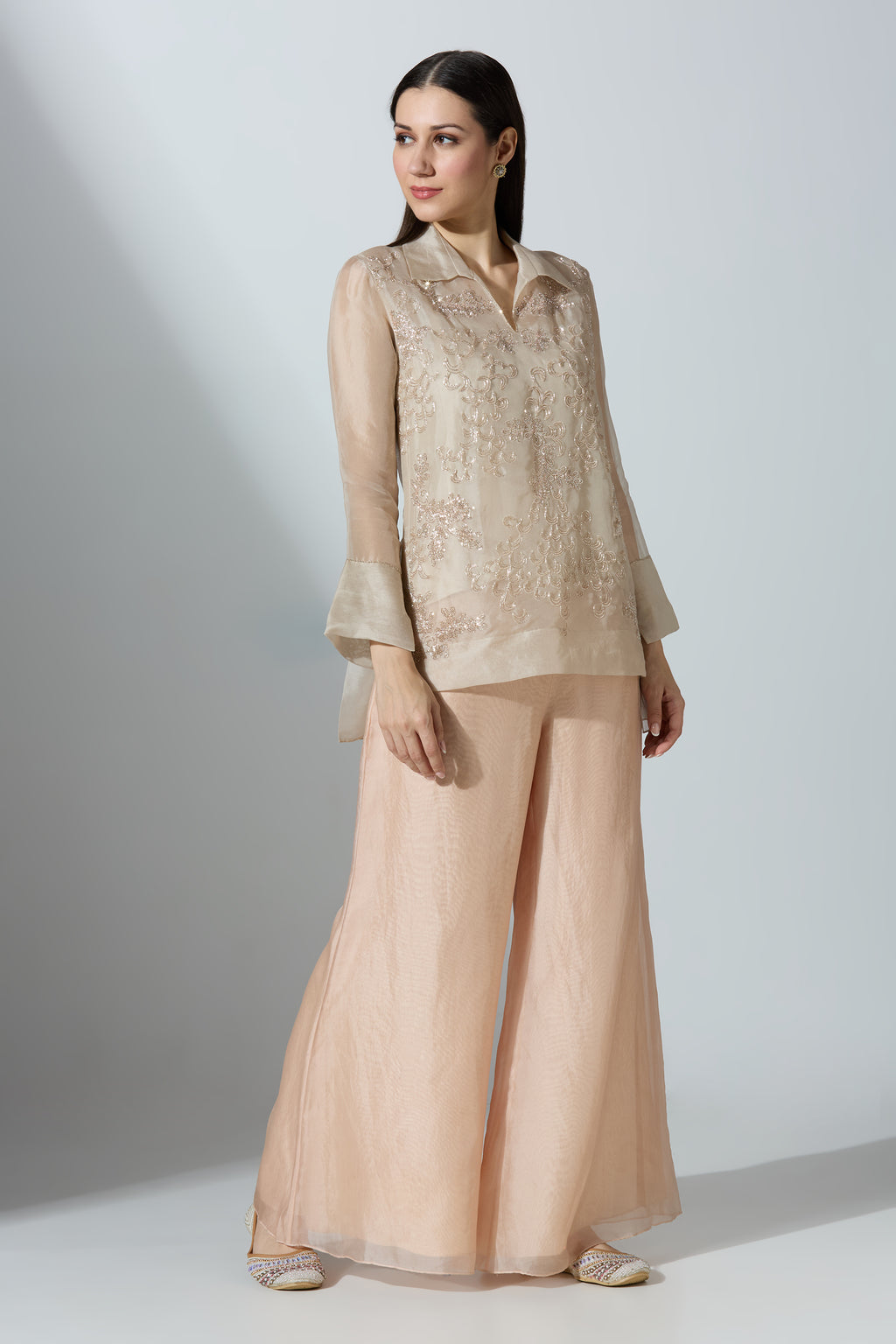 Nude Long Short Organza Shirt With Pant and Slip