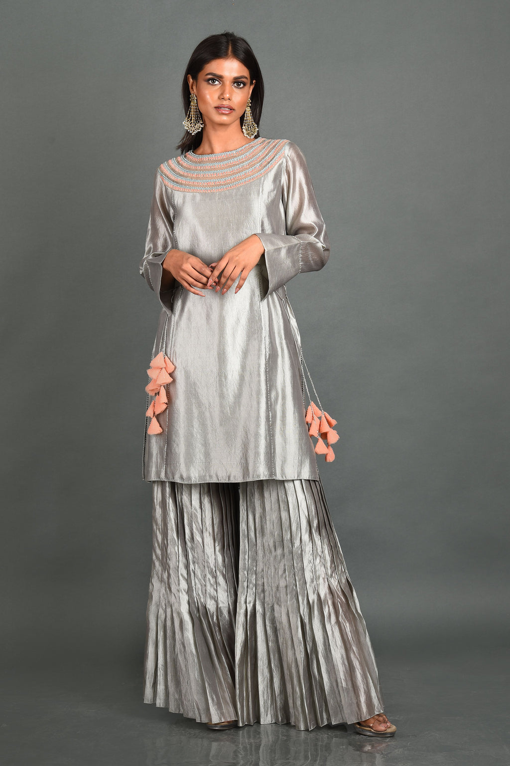 Grey Silk Kurta With Pant and Dupatta