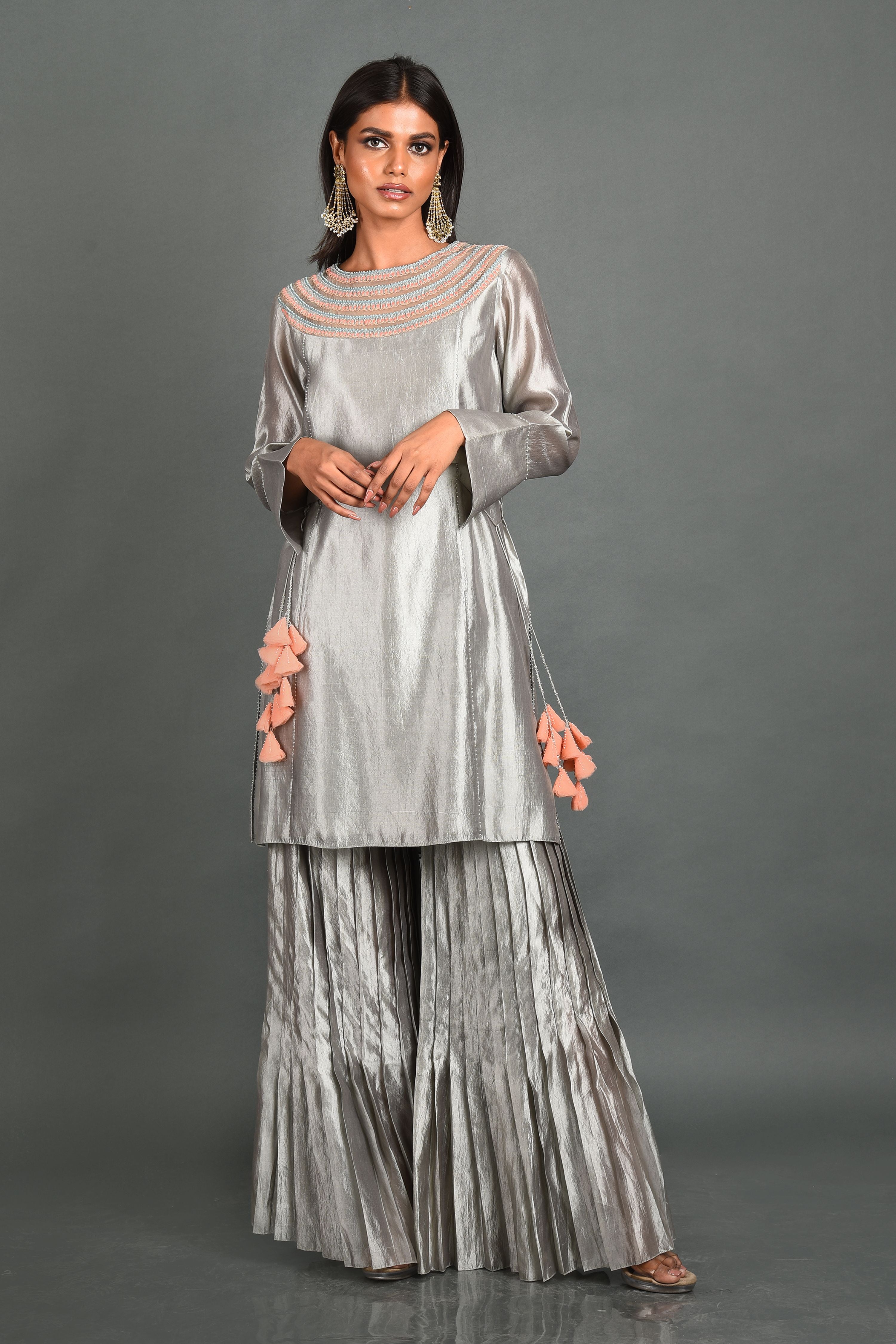 Grey Silk Kurta With Pant and Dupatta
