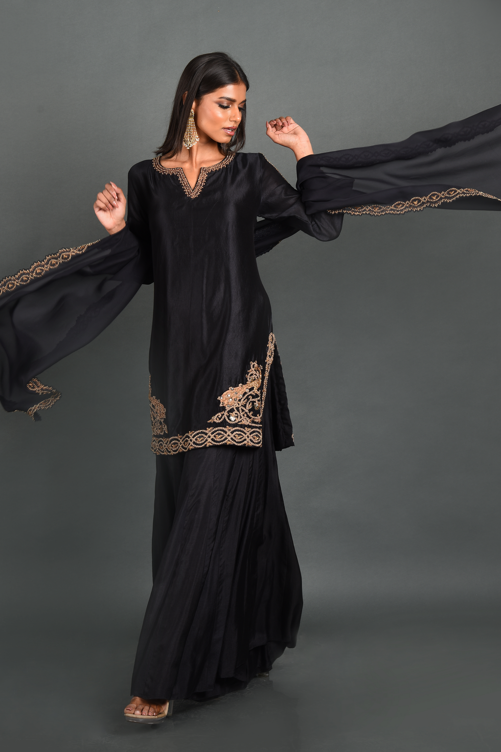 Black Silk Kurta With Pant and Dupatta