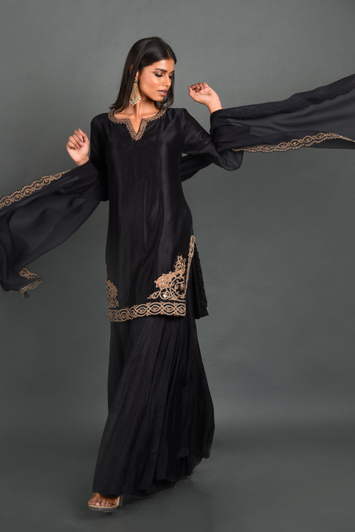 Black Silk Kurta With Pant and Dupatta