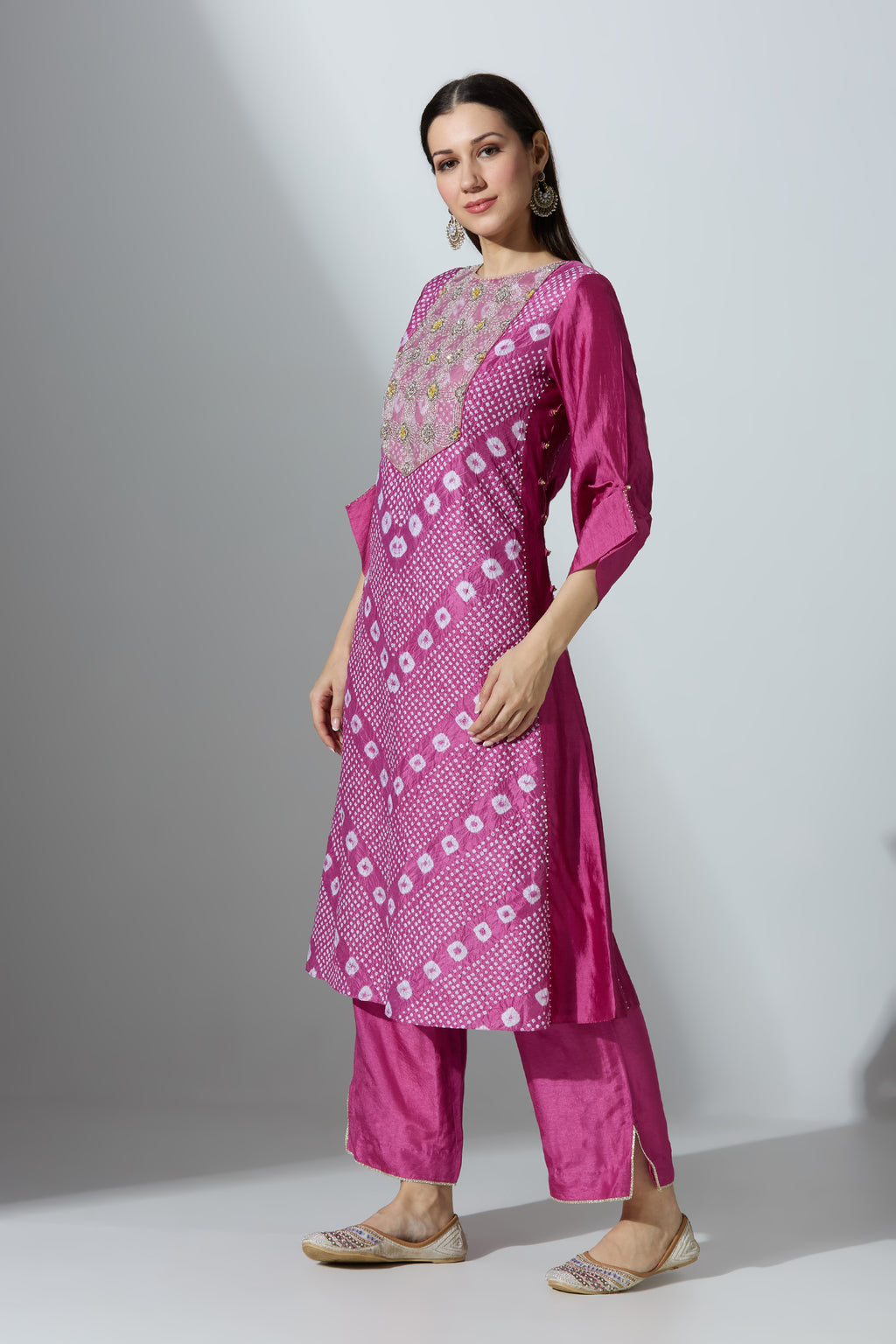 Pink Bandhej Yoke Kurta Set With Pant and Dupatta