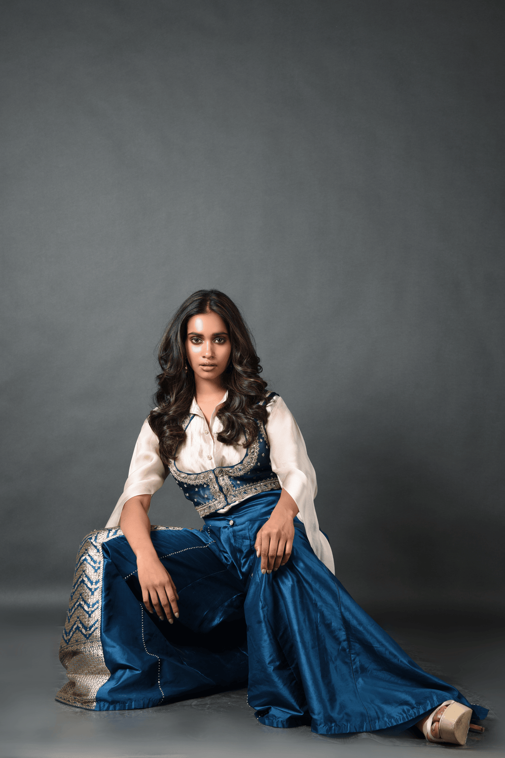 Blue Brocade Pant With Koti and Shirt